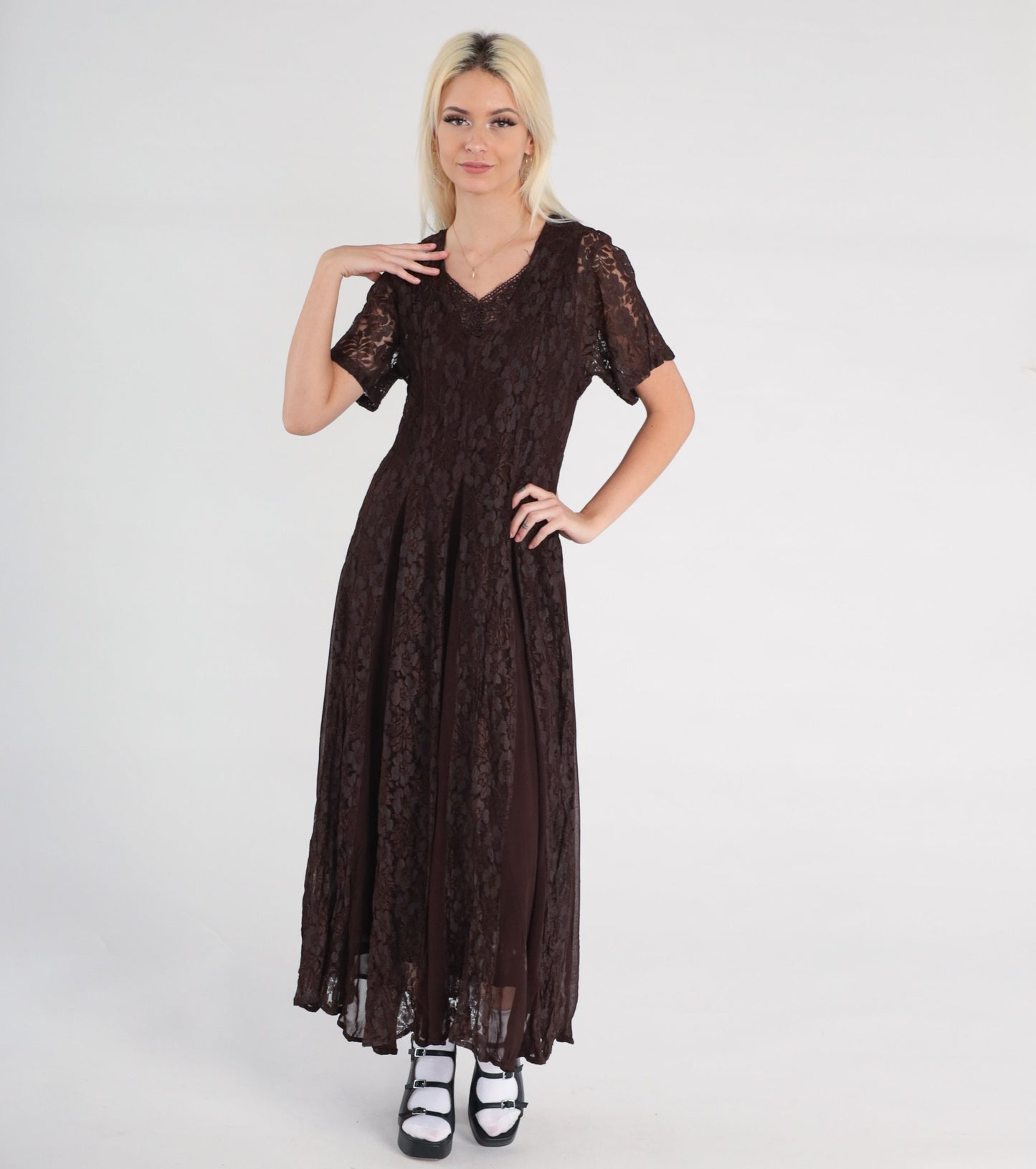 90s Brown Lace Maxi Dress Chiffon Panel V-Neck Short Sleeve Small
