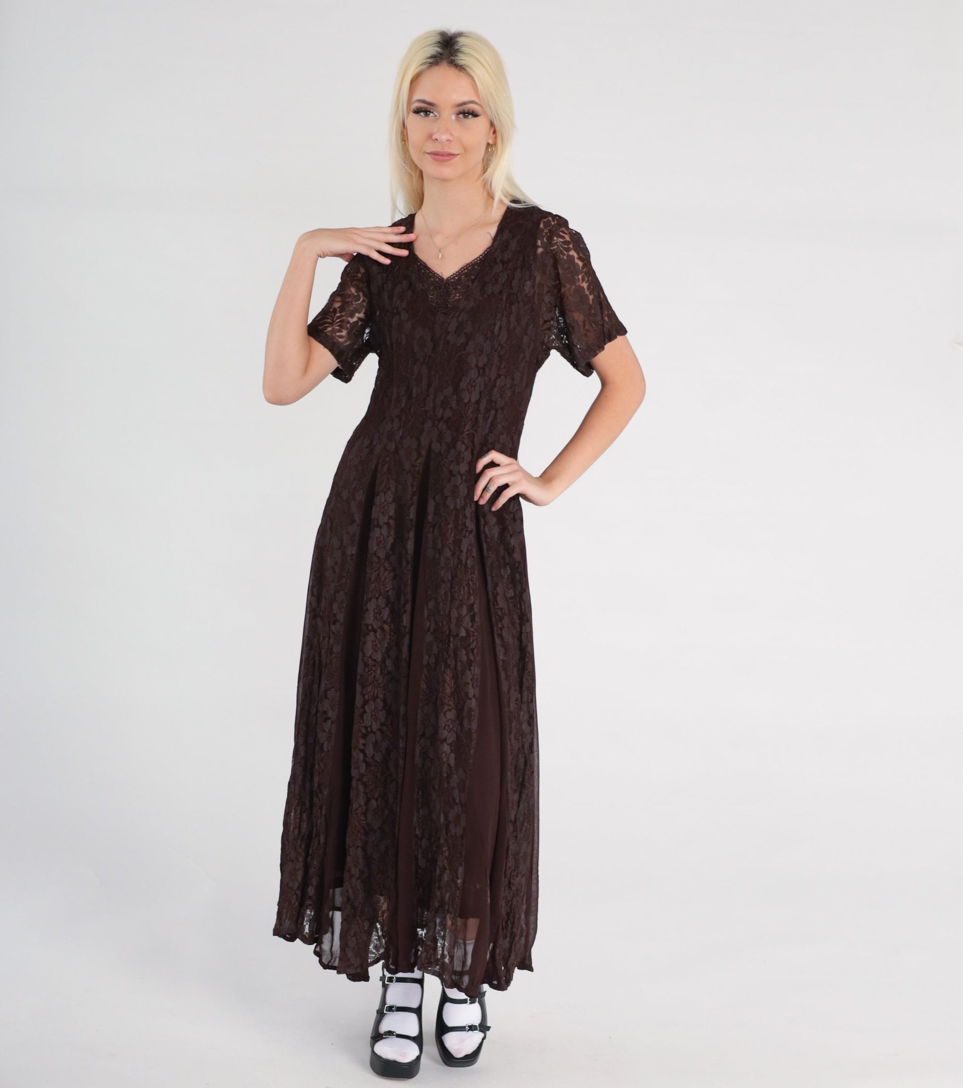 90s Brown Lace Maxi Dress Chiffon Panel V-Neck Short Sleeve Small