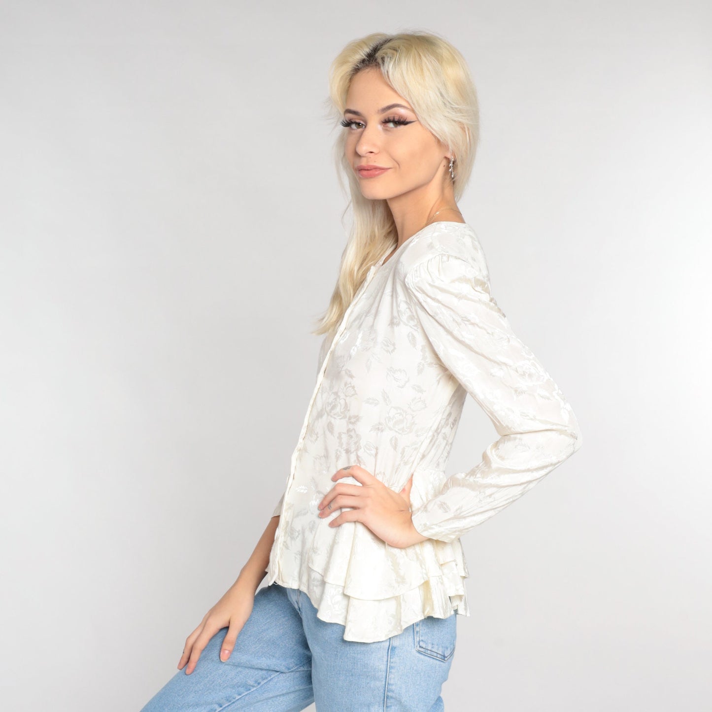 80s White Floral Embossed Peplum Blouse Puff Sleeve Button-Up Extra Small