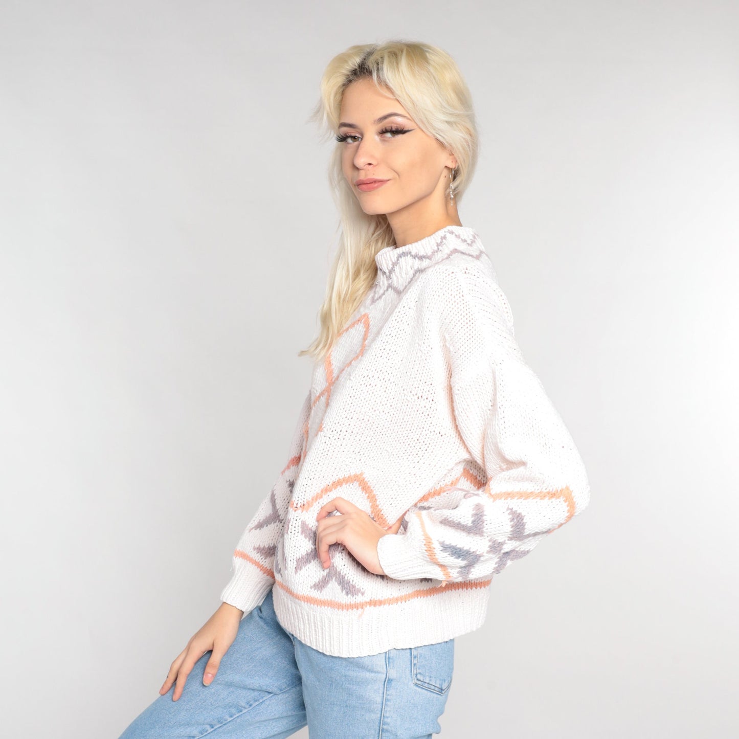 90s Diamond Geometric Knit Sweater White Cotton Ramie Pullover Medium M