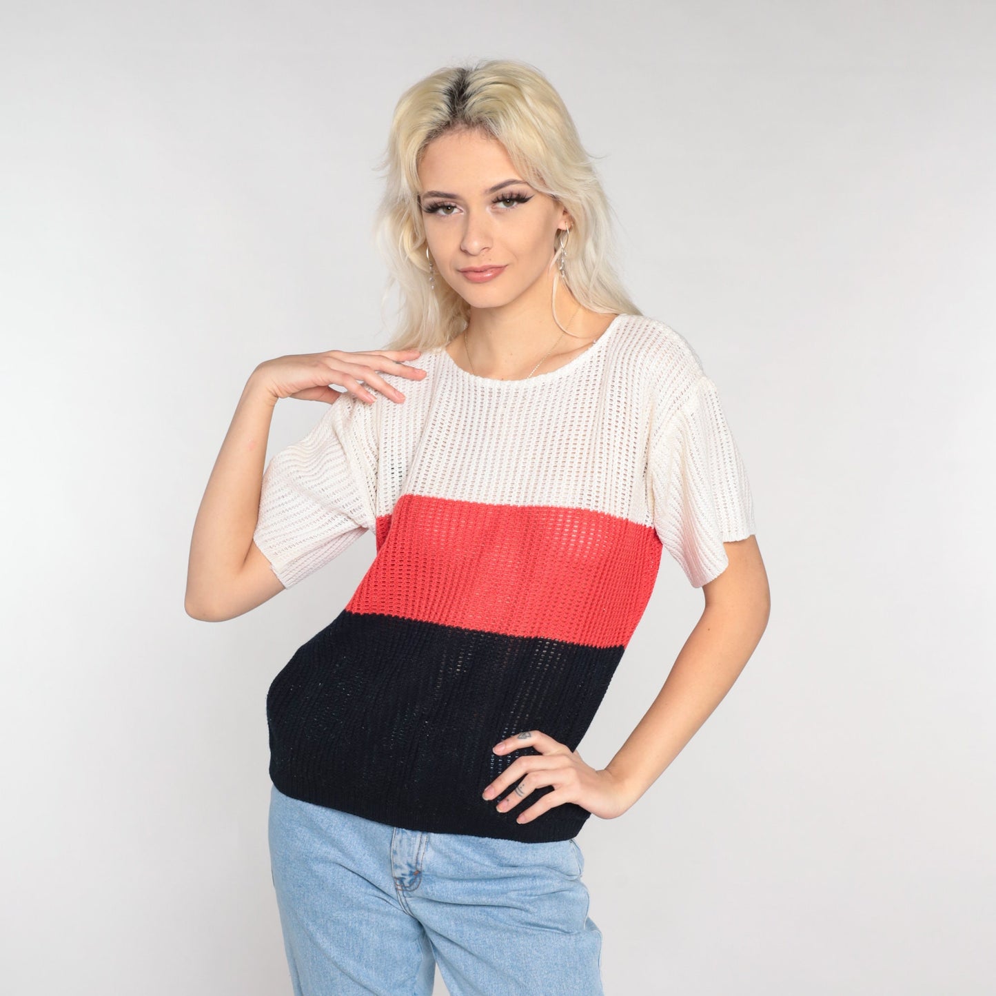 70s Striped Open Weave Knit Sweater Top Short Sleeve White Red Black Small