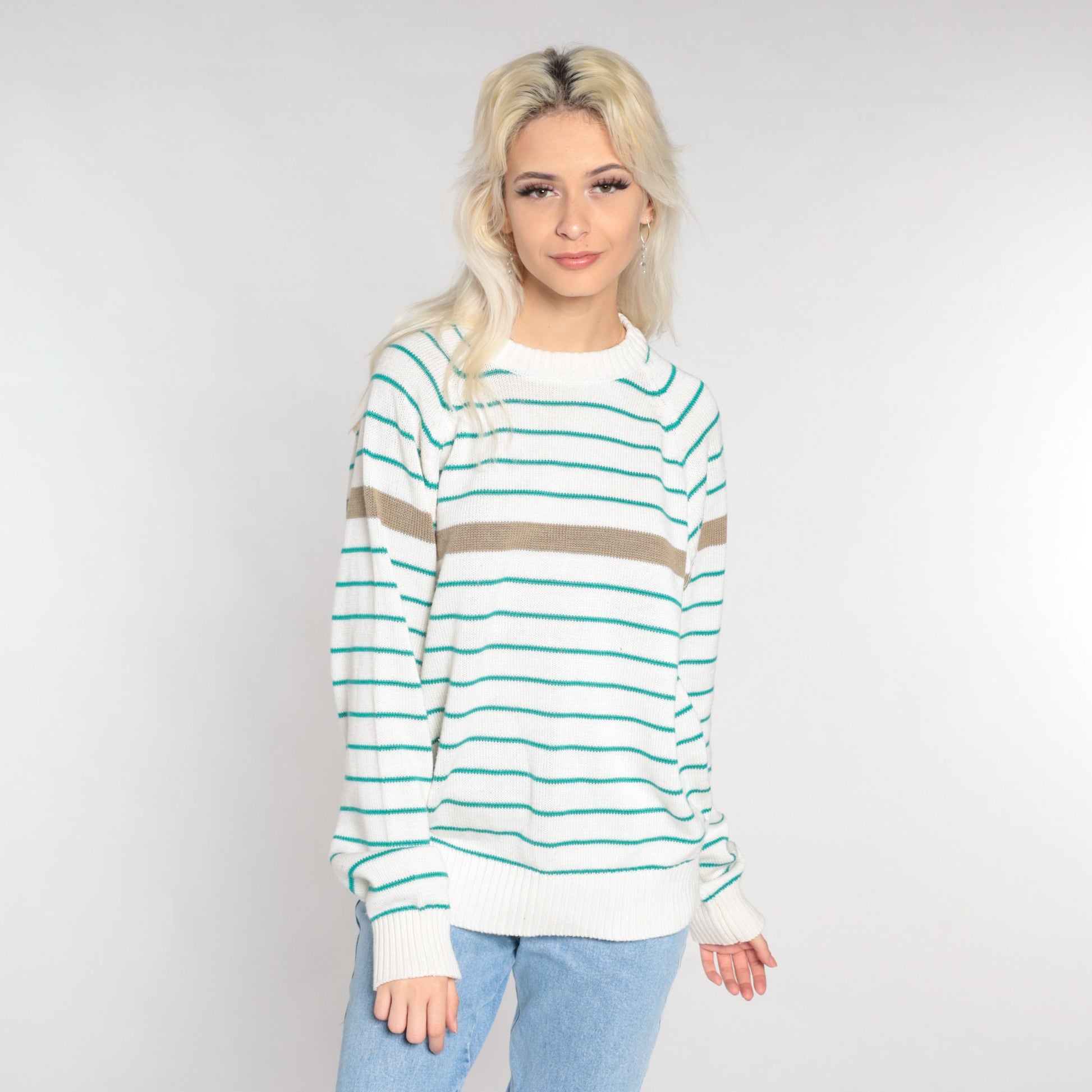 90s Striped Pullover Sweater White Green Tan Raglan Crewneck Large L