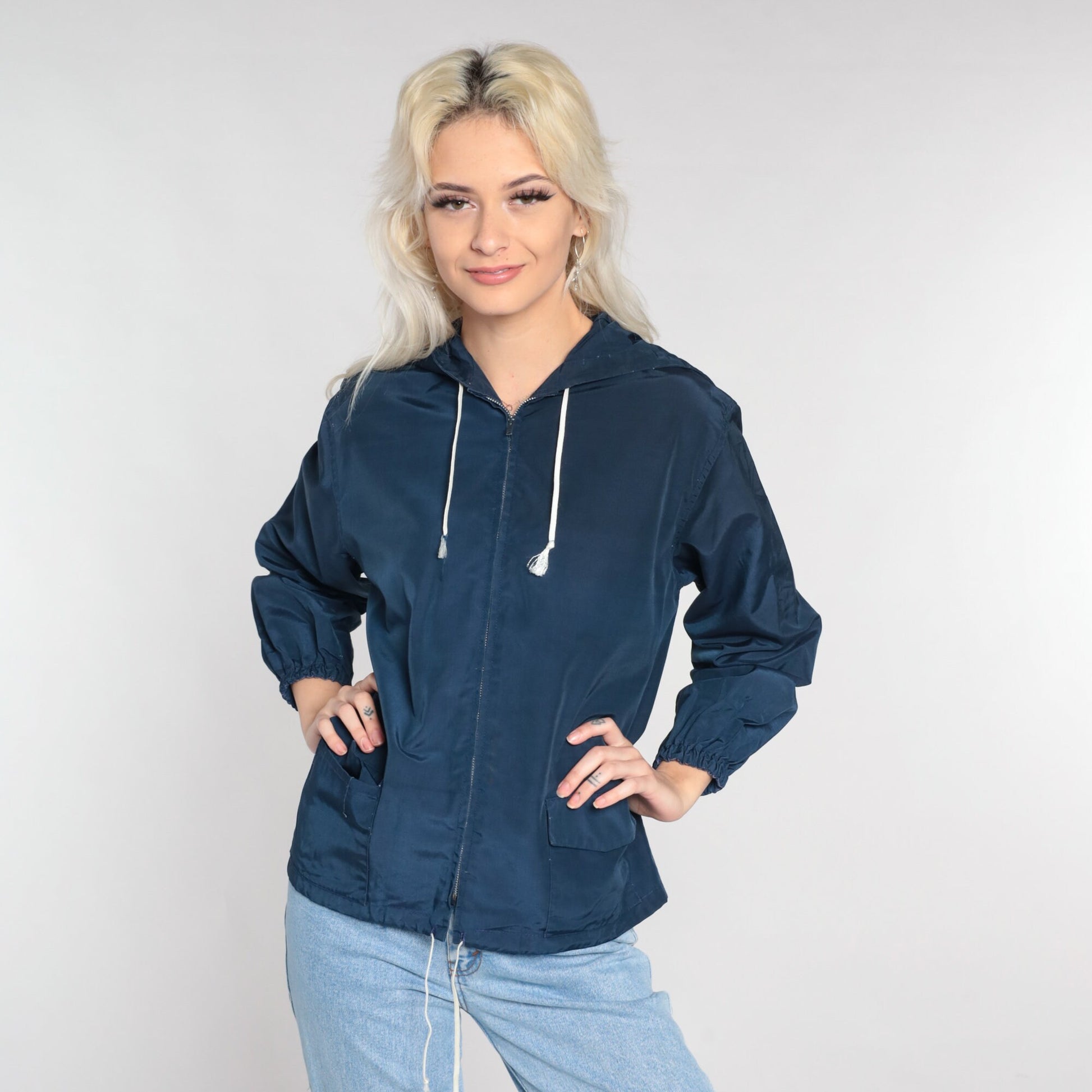 80s Navy Zip-Up Hooded Windbreaker Jacket Small S