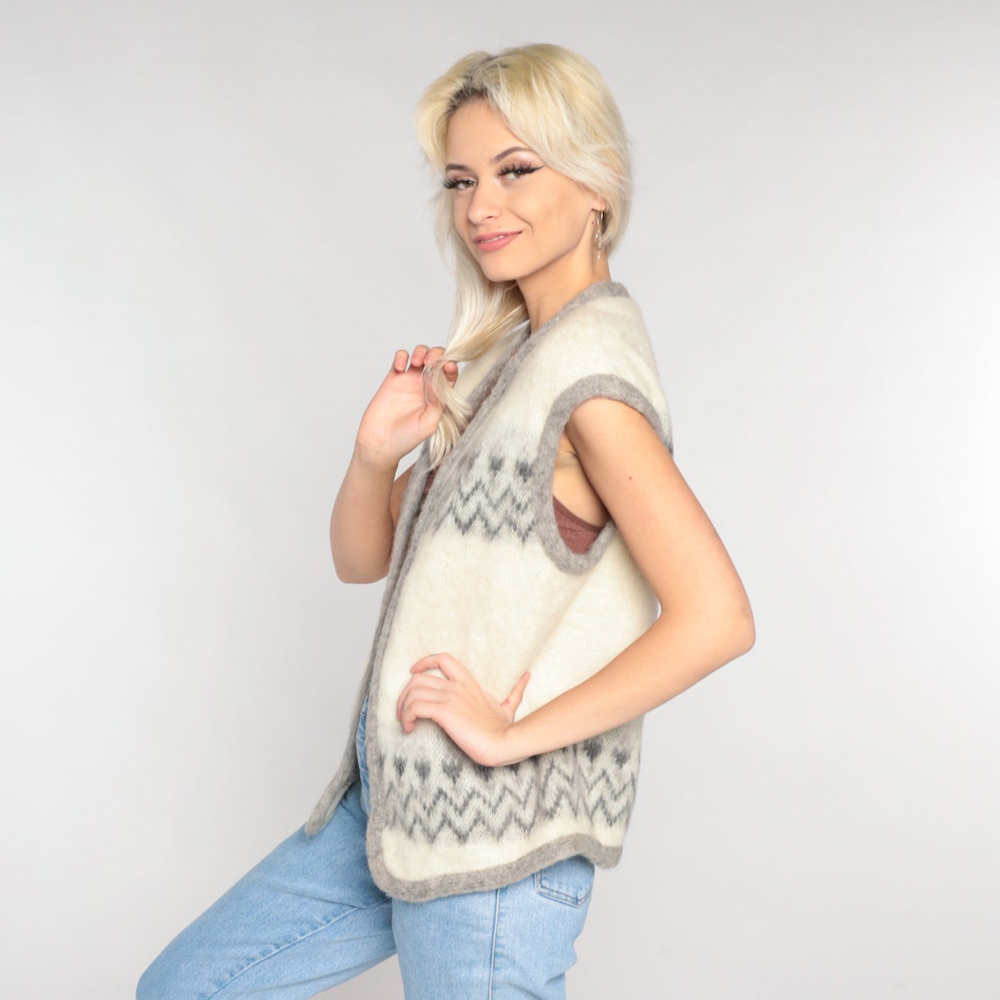 60s Wool Vest Cream Geometric Zig Zag Open Front Knit Small S