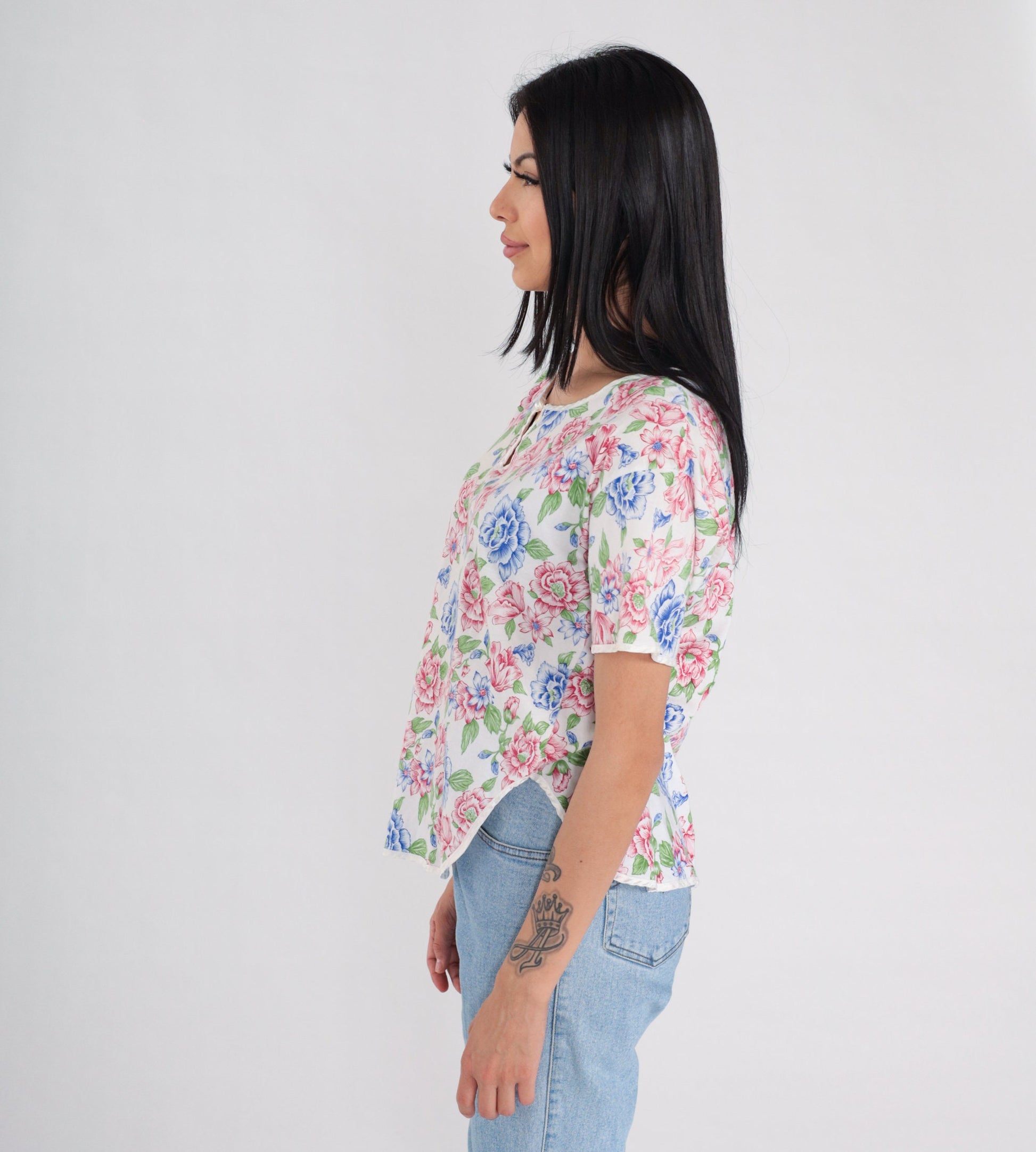 90s Floral Keyhole Blouse White Flower Print Cotton Short Sleeve Small
