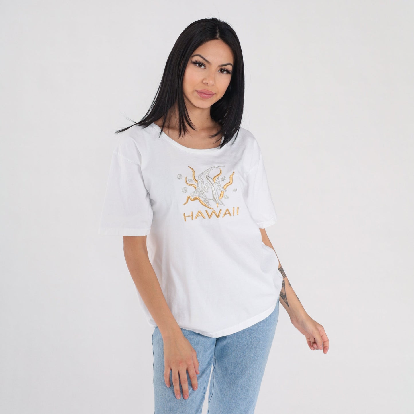 90s Hawaii Tropical Fish Embroidered T-Shirt White Graphic Tee Large L