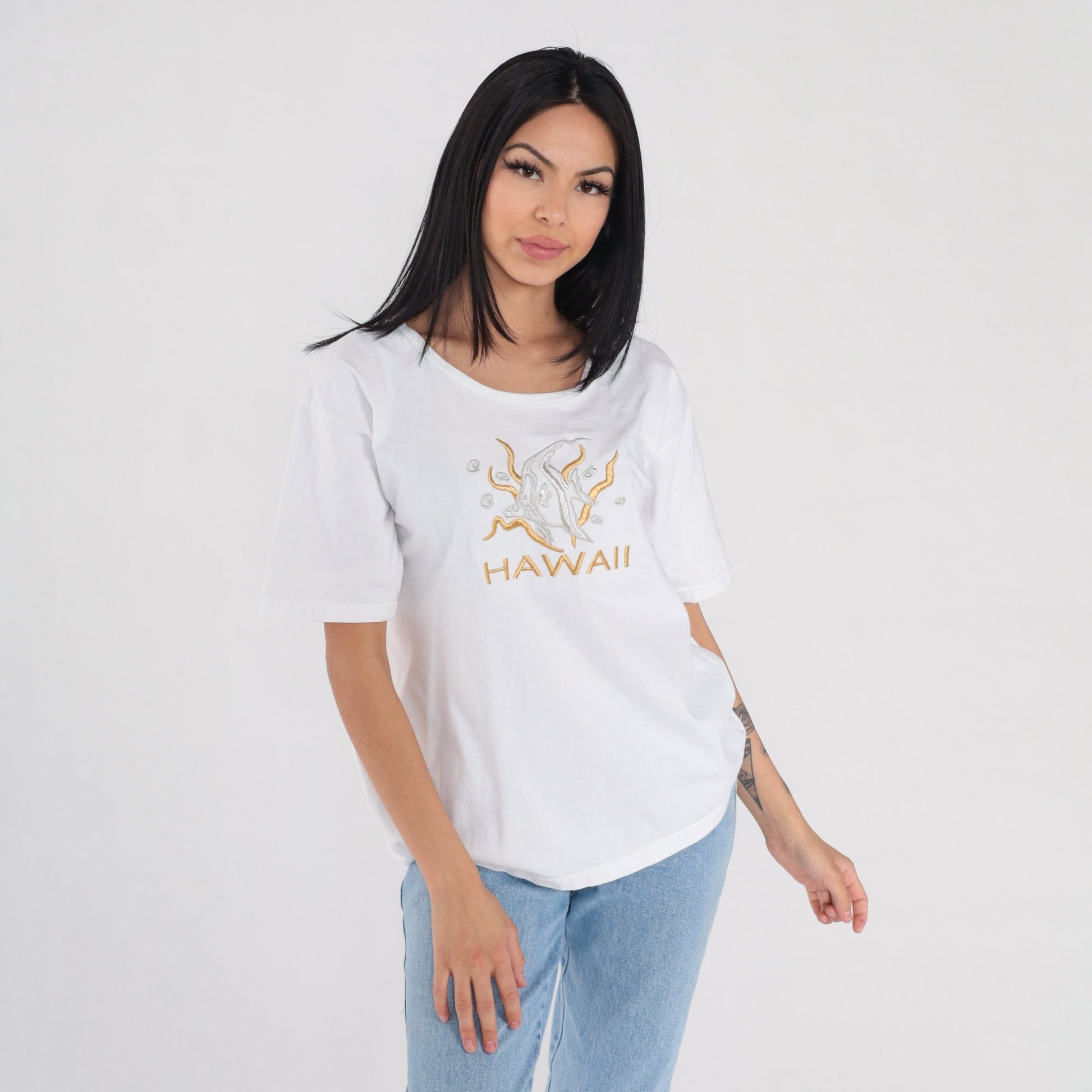 90s Hawaii Tropical Fish Embroidered T-Shirt White Graphic Tee Large L