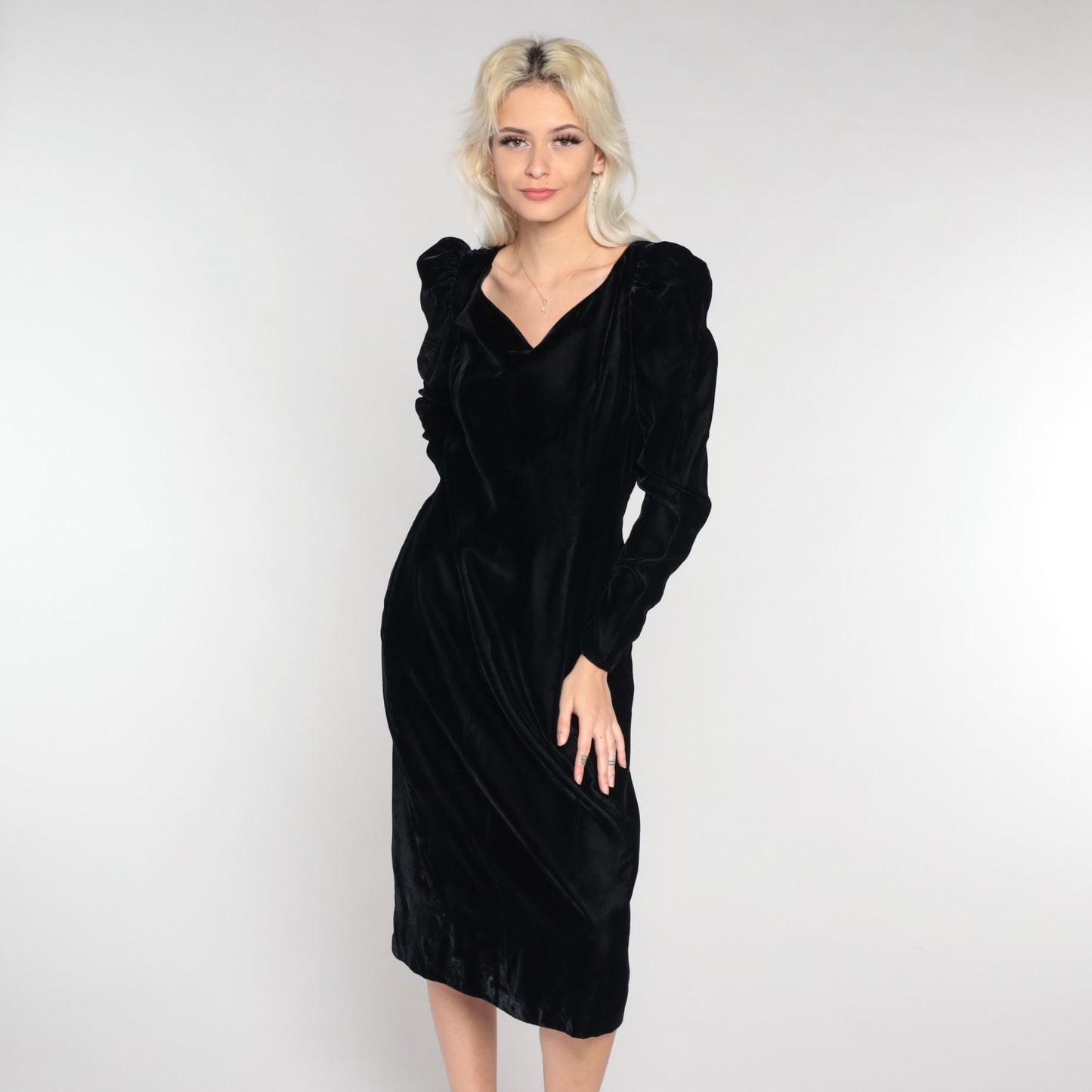 90s Black Velvet Midi Dress Puff Sleeve V-Neck Low Back Medium