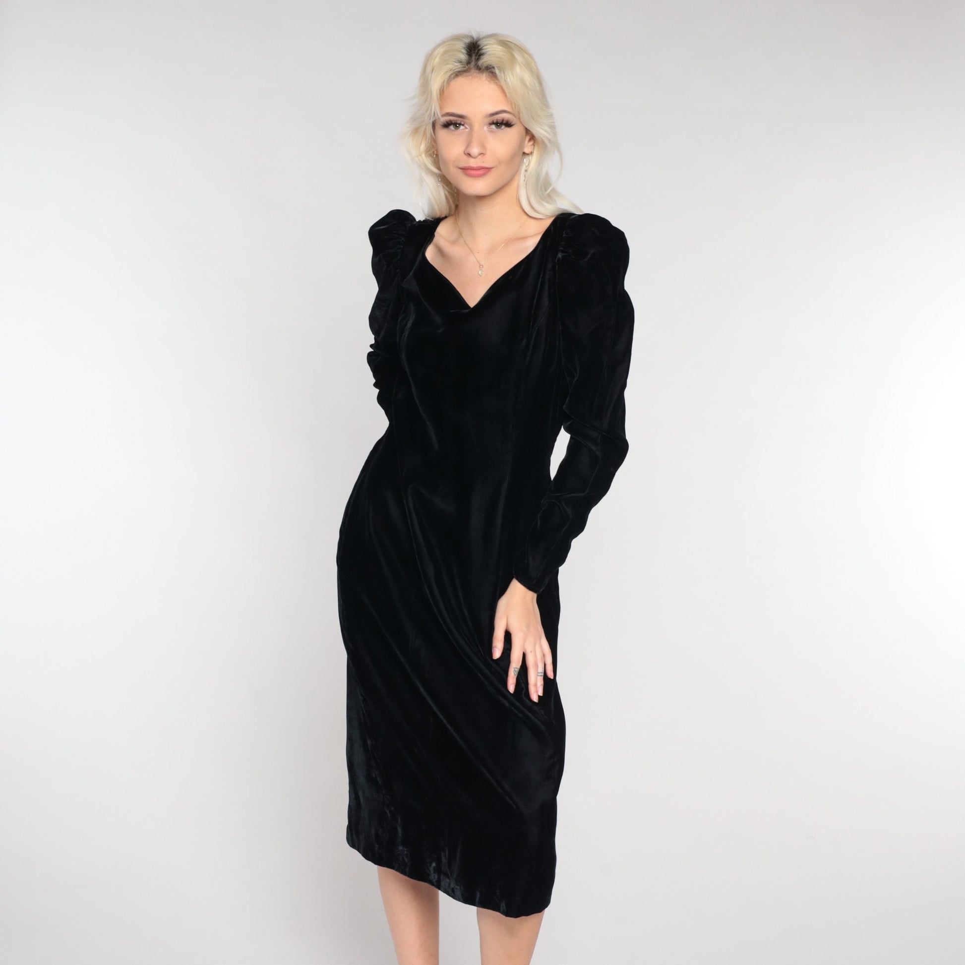 90s Black Velvet Midi Dress Puff Sleeve V-Neck Low Back Medium
