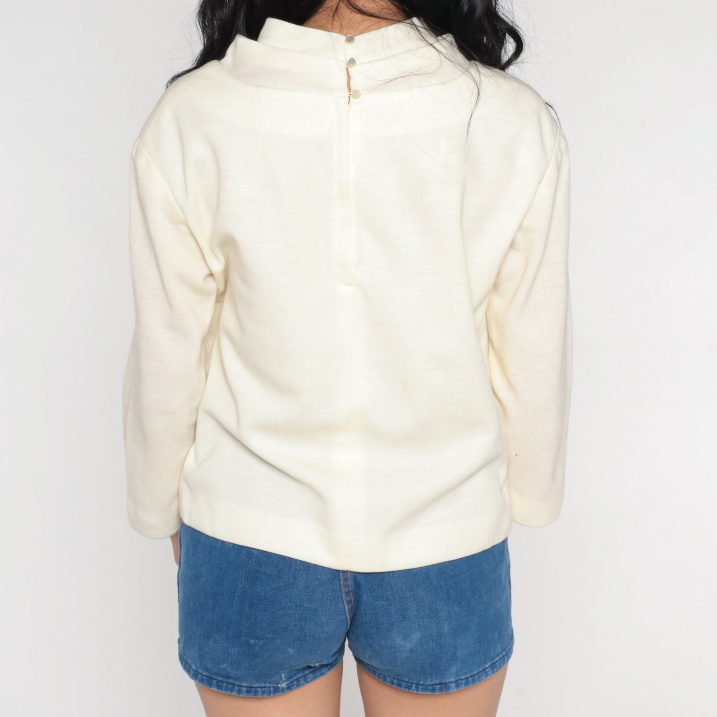 70s Off-White Mock Neck Blouse Long Sleeve Polyester Wool Blend Small S