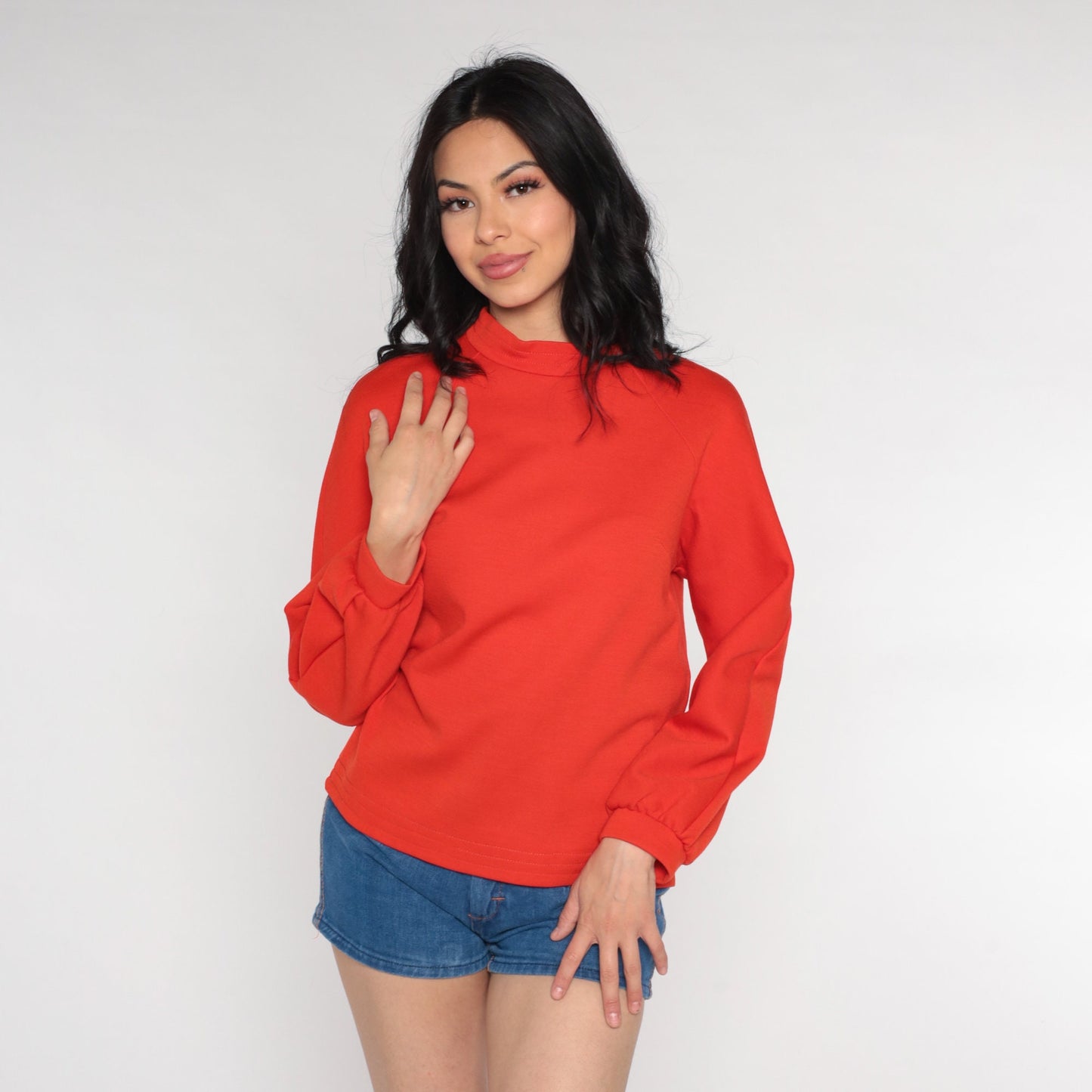 70s Red-Orange Mock Neck Raglan Sleeve Blouse Medium
