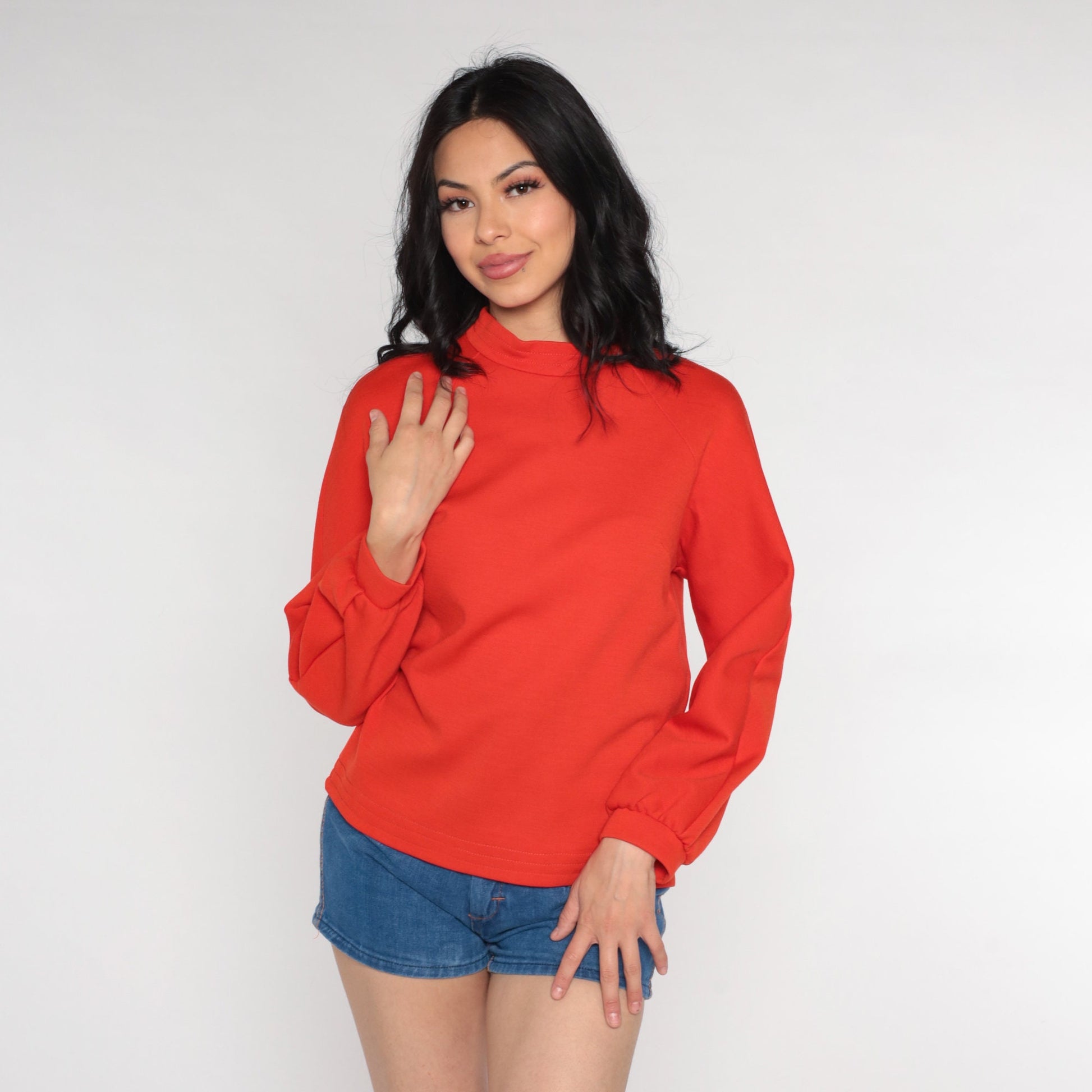 70s Red-Orange Mock Neck Raglan Sleeve Blouse Medium
