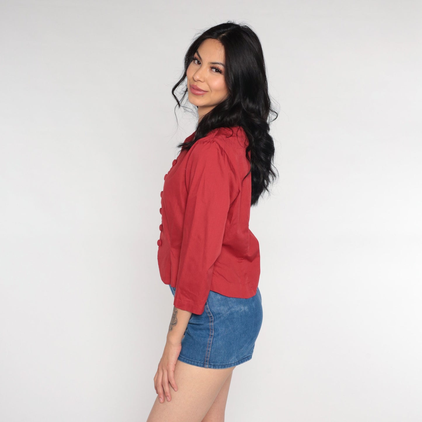 70s Red Button-Up Shirt Cotton Blend V-Neck 3/4 Sleeve Small S