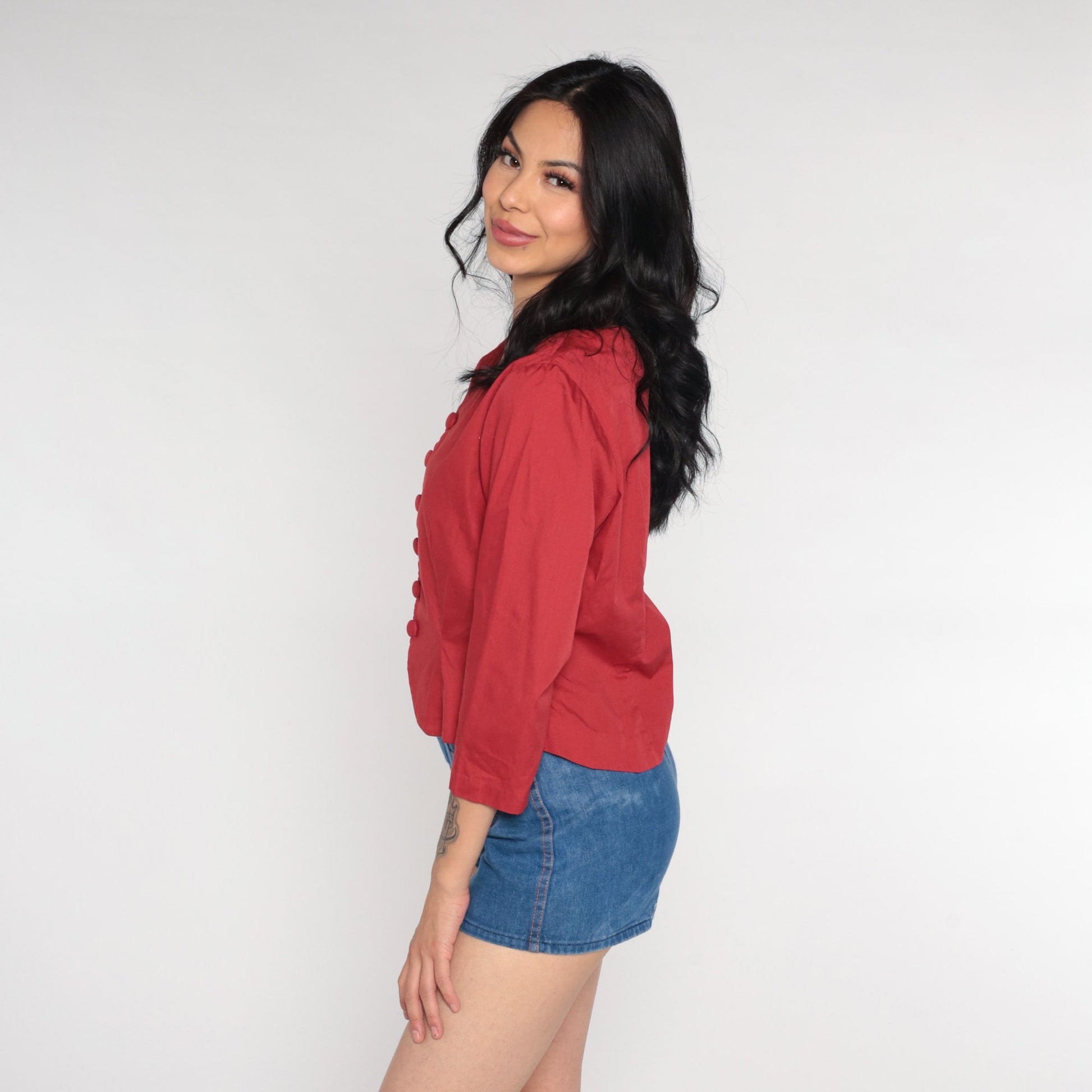 70s Red Button-Up Shirt Cotton Blend V-Neck 3/4 Sleeve Small S