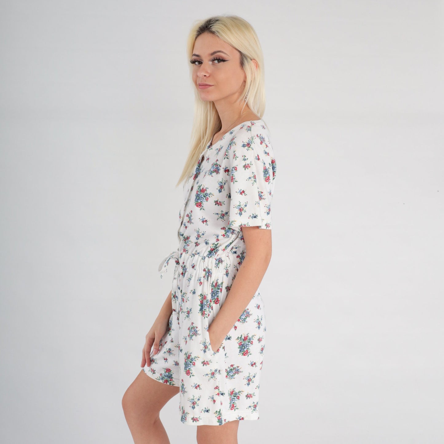 90s White Floral Romper Button-Up Short Sleeve Wide Leg Playsuit Small