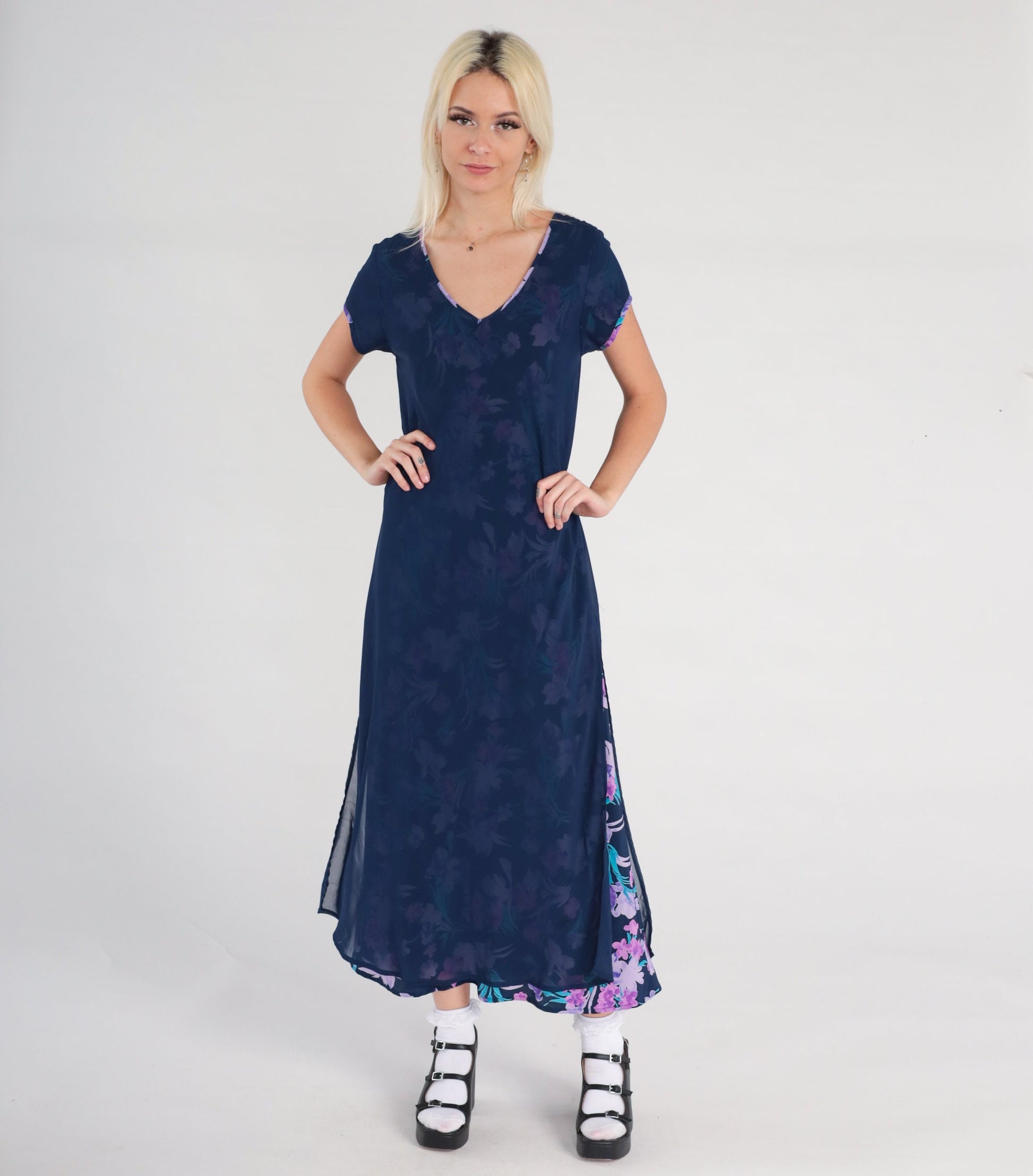 00s Floral Chiffon Maxi Dress Dark Blue V-Neck Botanical Print Small