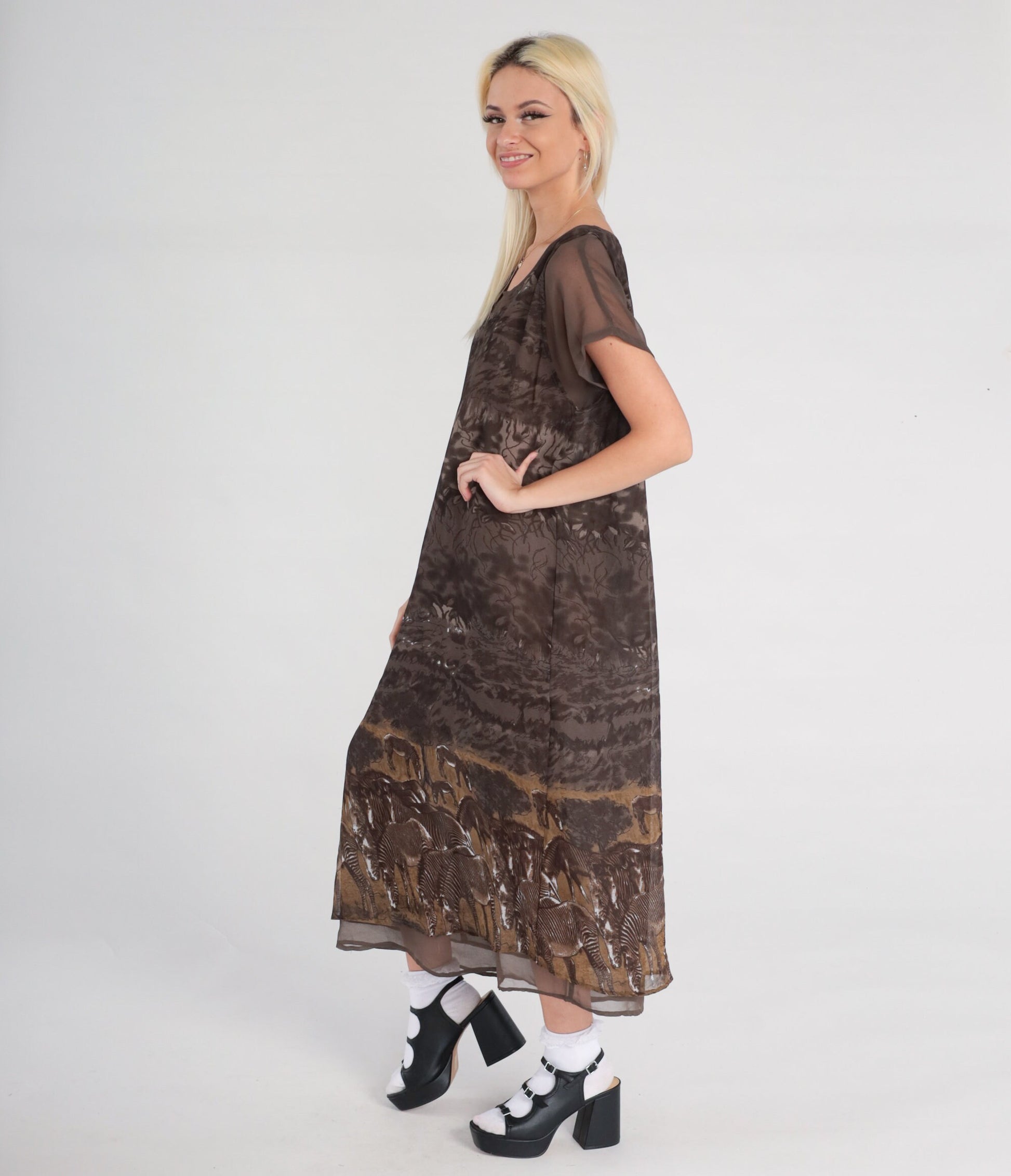90s Zebra Print Shift Dress Brown Column Midi Short Sleeve Medium