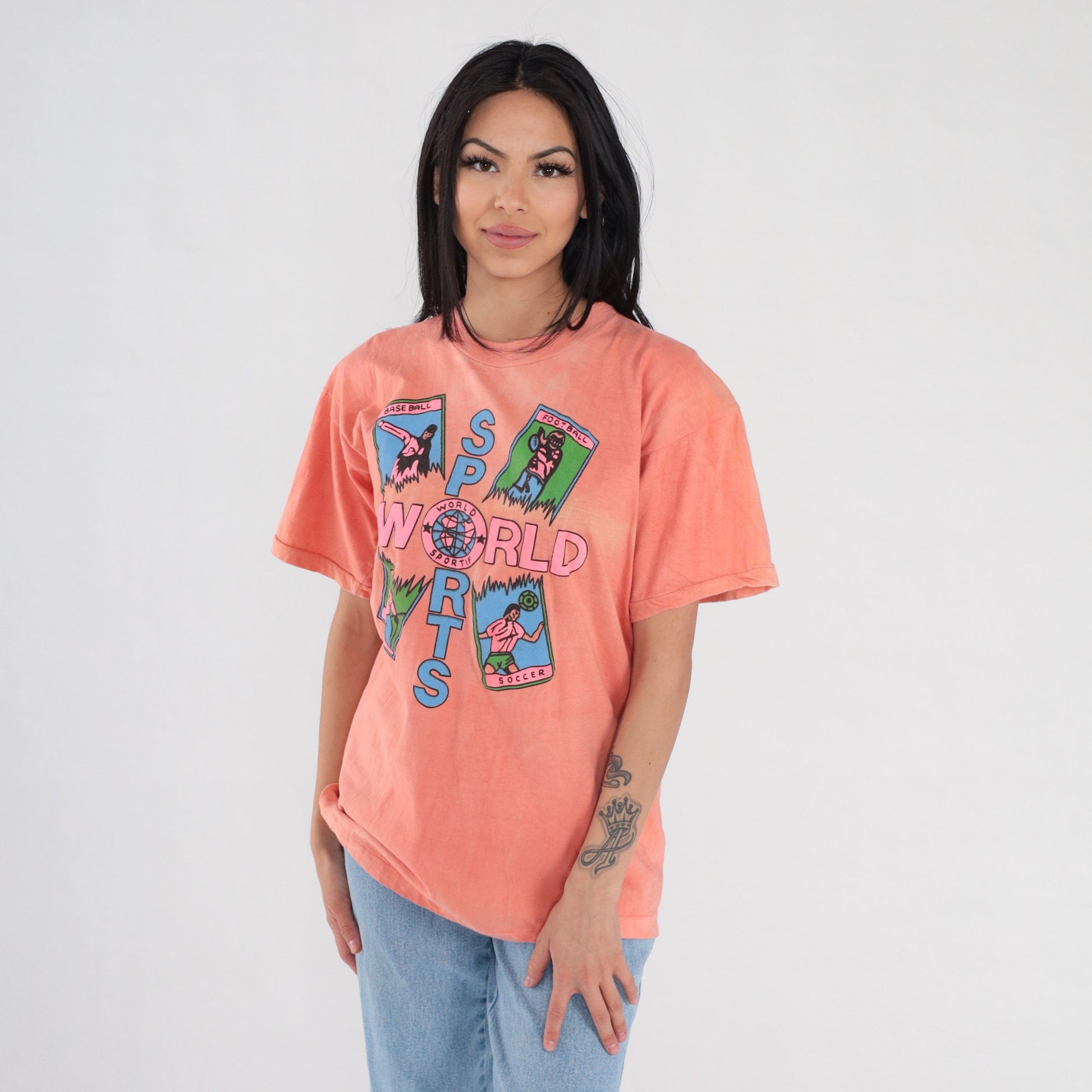 90s World Sportif French Graphic T-Shirt Peach Cotton Single Stitch Medium