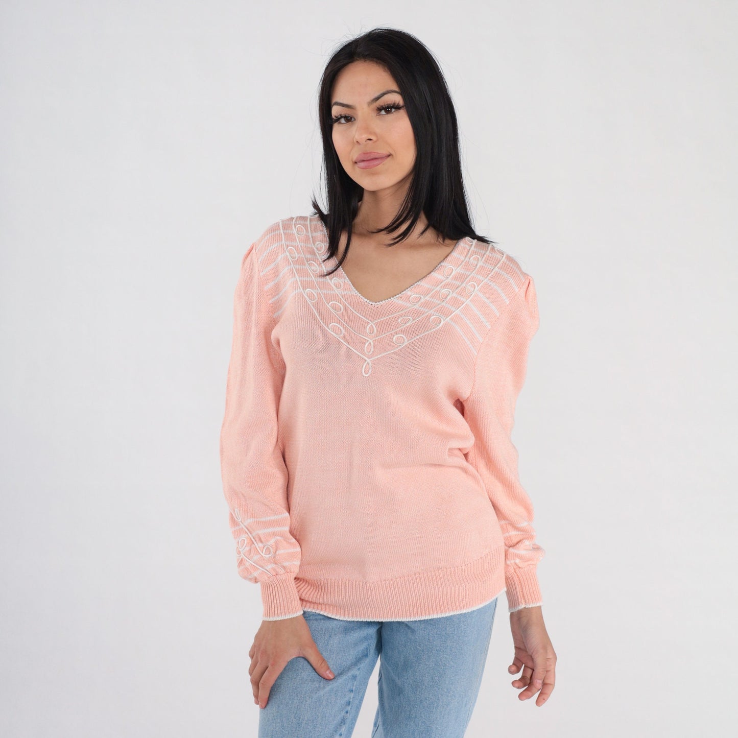 80s Pink Knit V-Neck Sweater White Stripes Soutache Trim Medium M