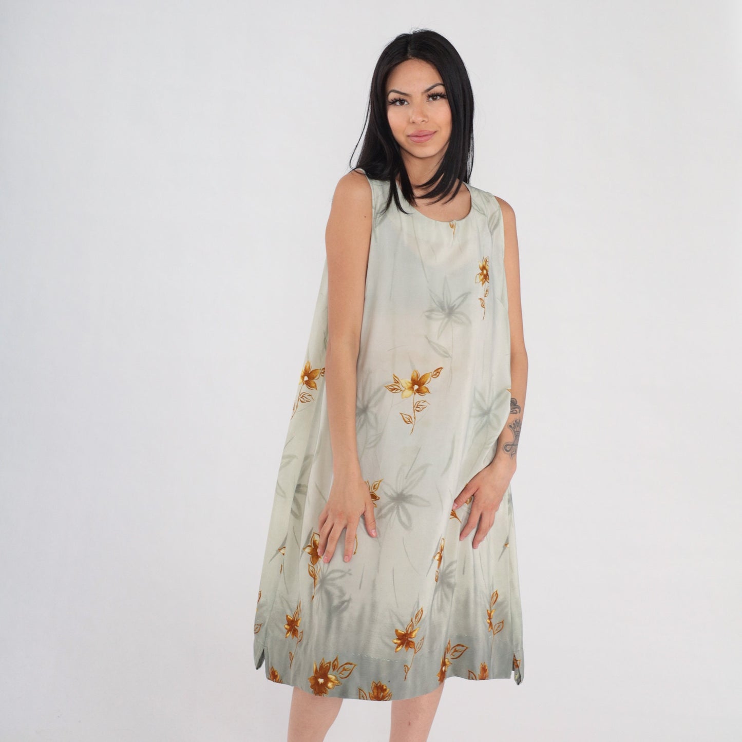 90s Green Floral Semi-Sheer Sundress Knee-Length Sleeveless Large L