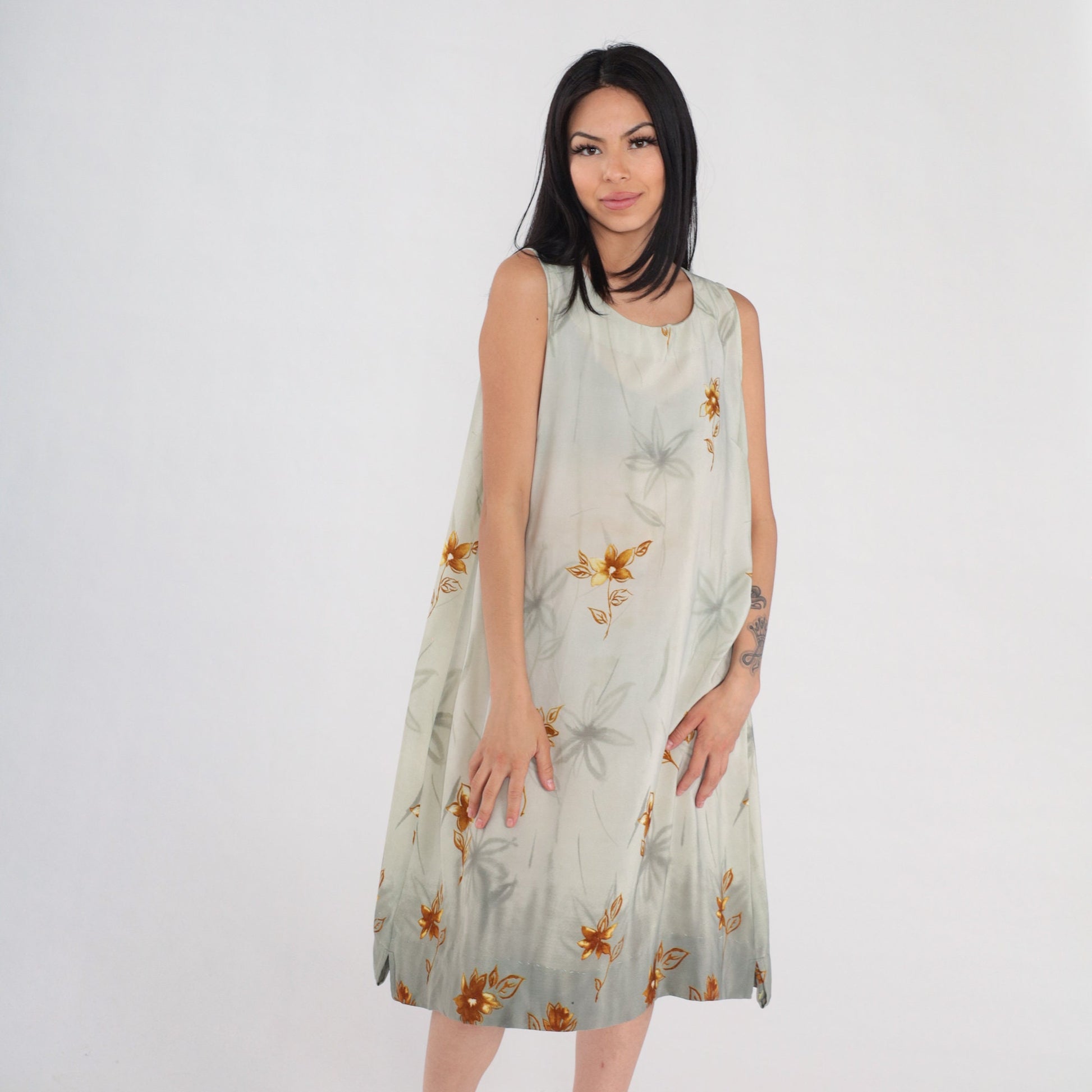 90s Green Floral Semi-Sheer Sundress Knee-Length Sleeveless Large L