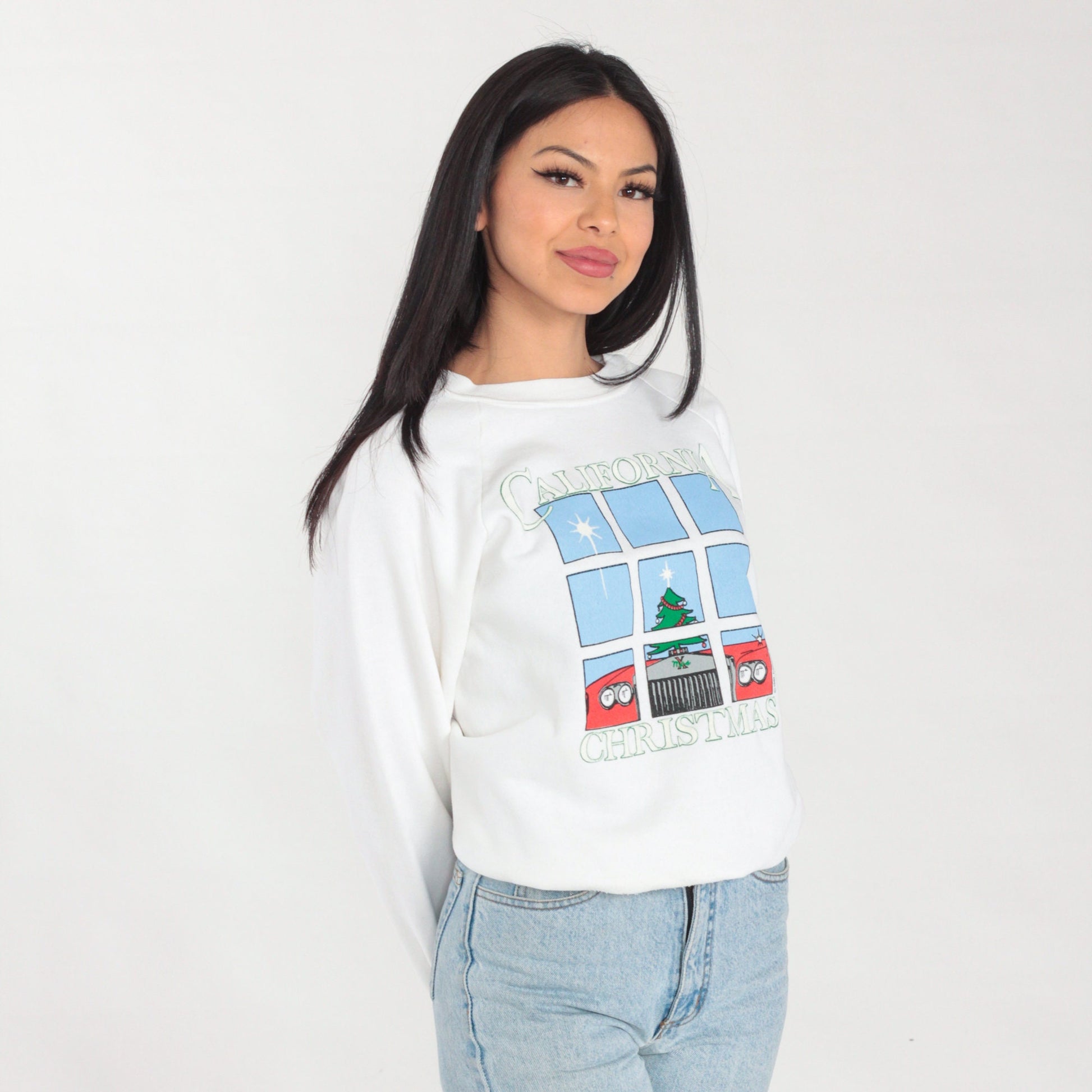 80s California Christmas Sweatshirt White Raglan Graphic Car Tree Small
