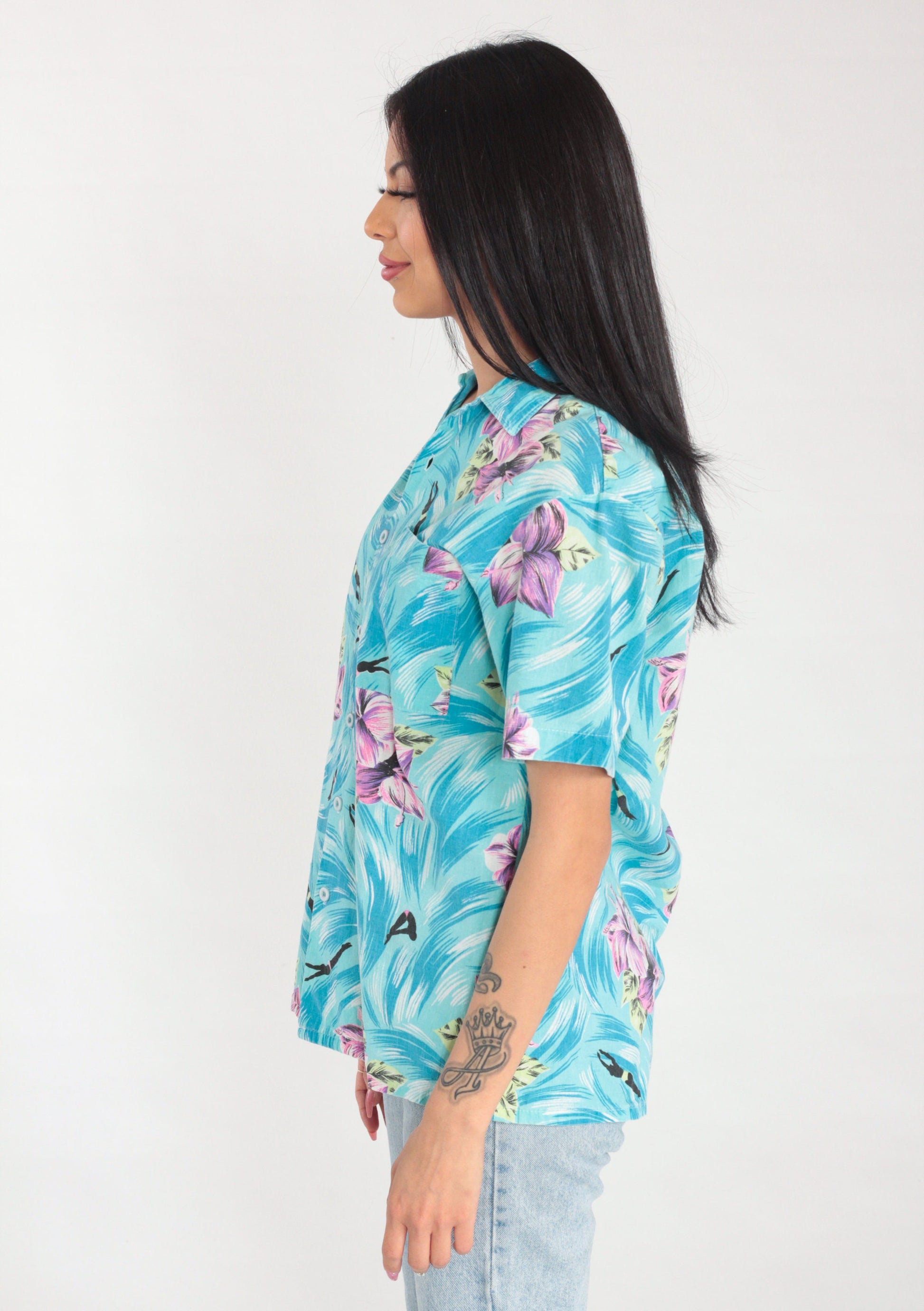 90s Tropical Floral Swimmer Print Button Up Shirt Blue Cotton Medium