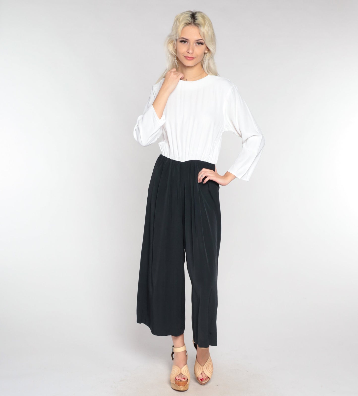 90s Black & White Wide Leg Jumpsuit Long Sleeve Rear Zip Medium
