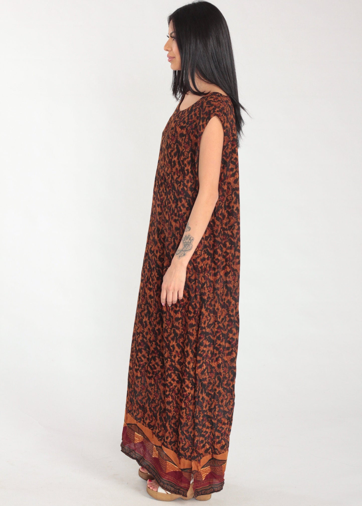 90s Karin Stevens Maxi Dress Sleeveless Orange Black Abstract Animal Print Large