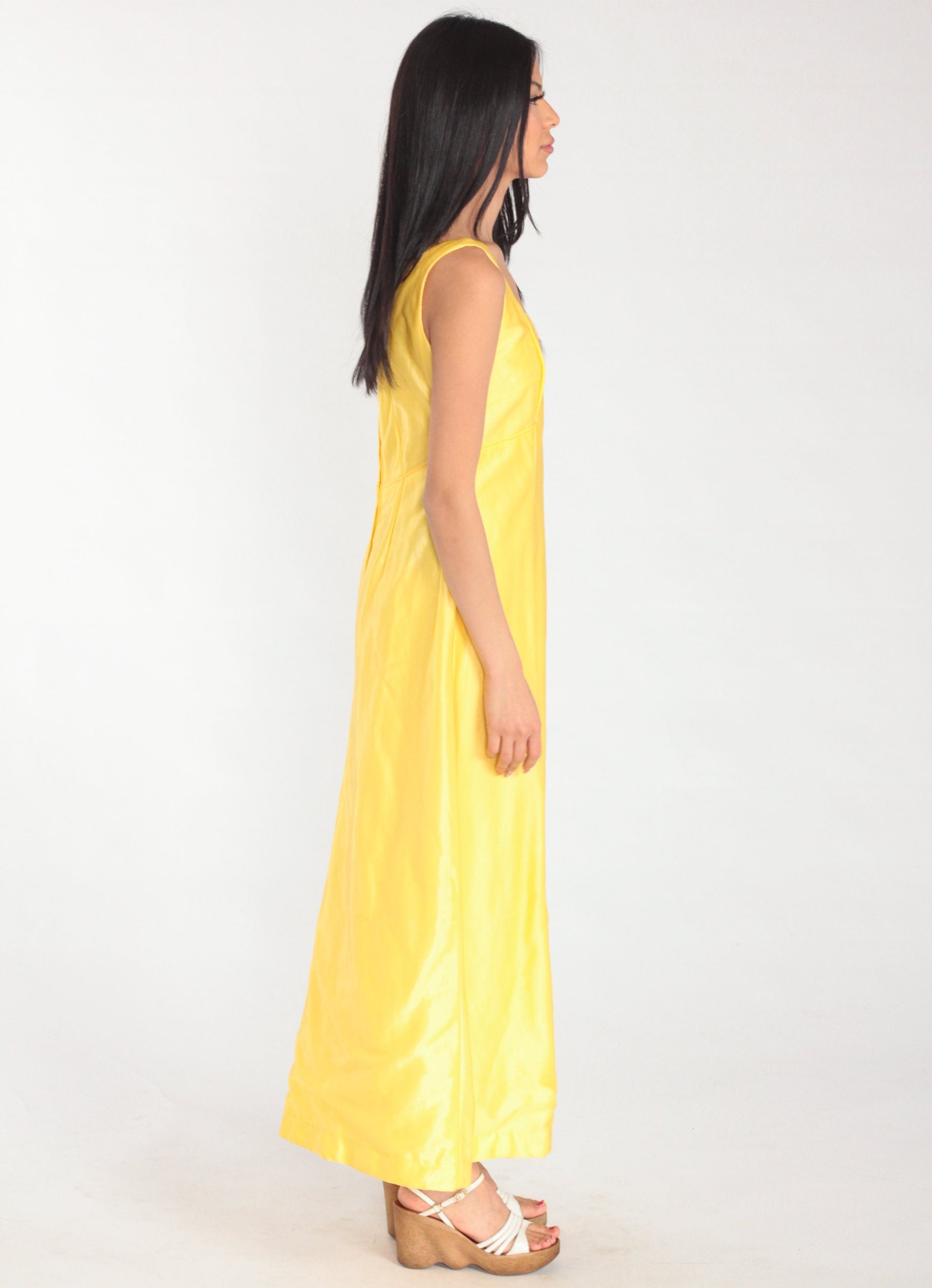 70s Yellow Empire Waist Maxi Dress Sleeveless Ankle Length Small