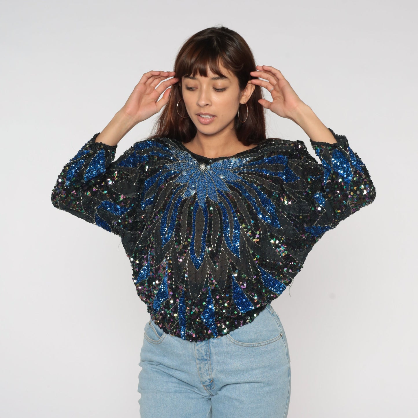 80s Black Sequin Beaded Blouse Blue Floral Dolman Sleeve Medium Large