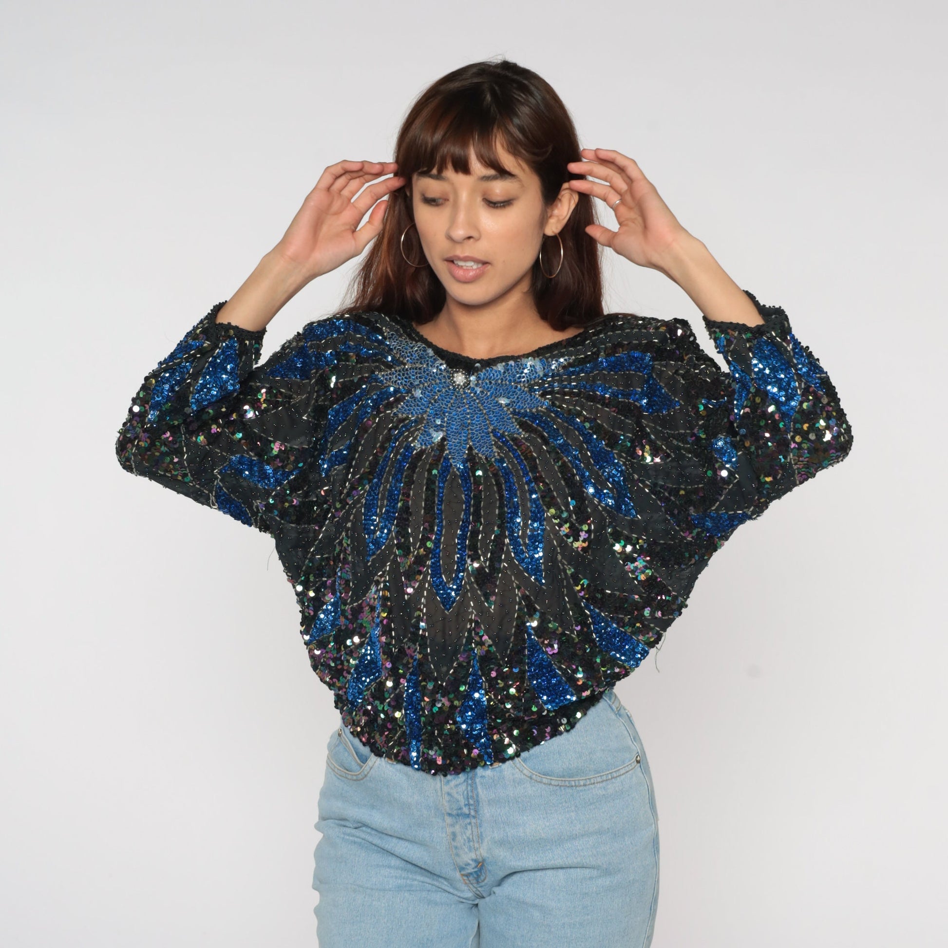 80s Black Sequin Beaded Blouse Blue Floral Dolman Sleeve Medium Large