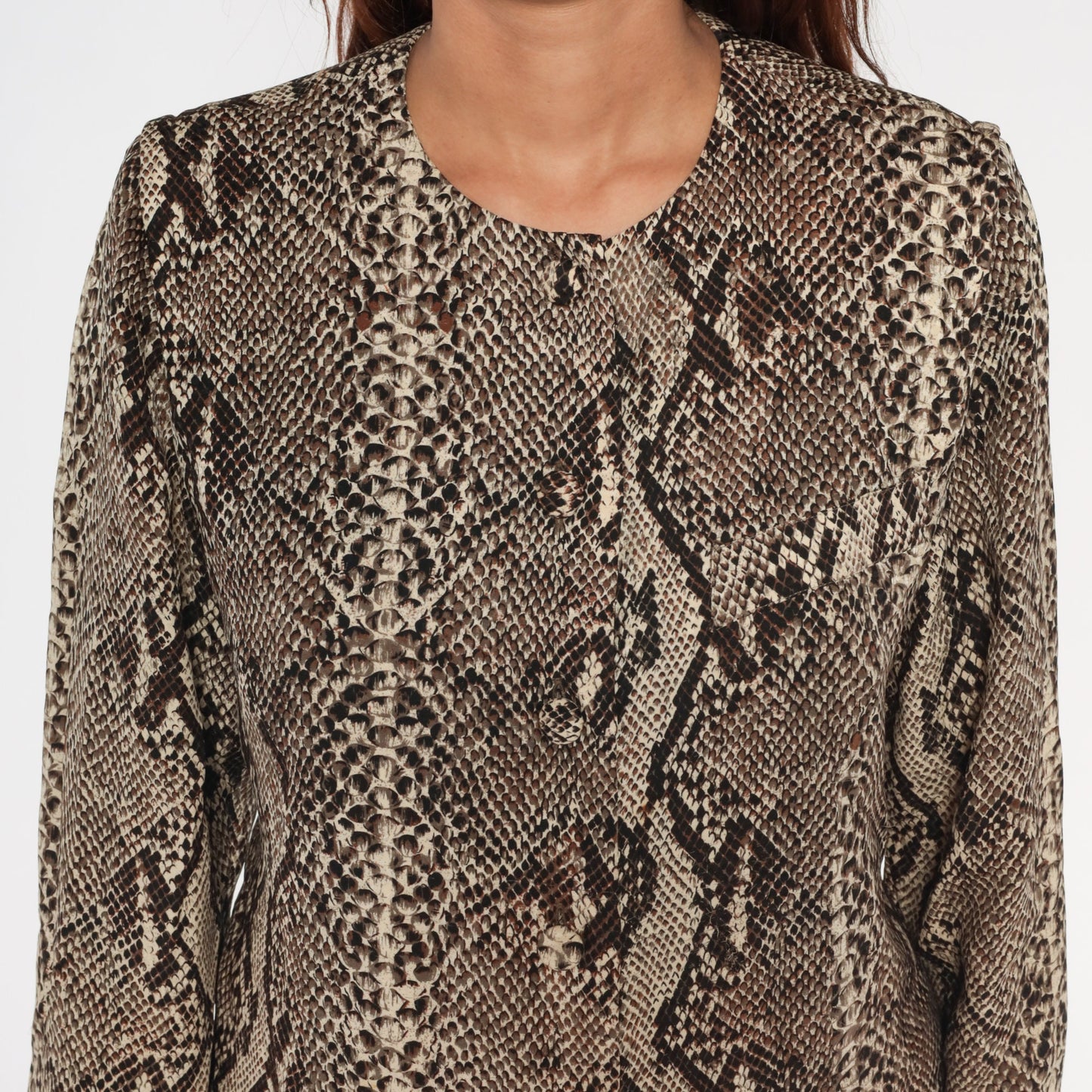 80s Flora Kung Silk Snakeskin Scale Print Blouse Brown Button Up Small