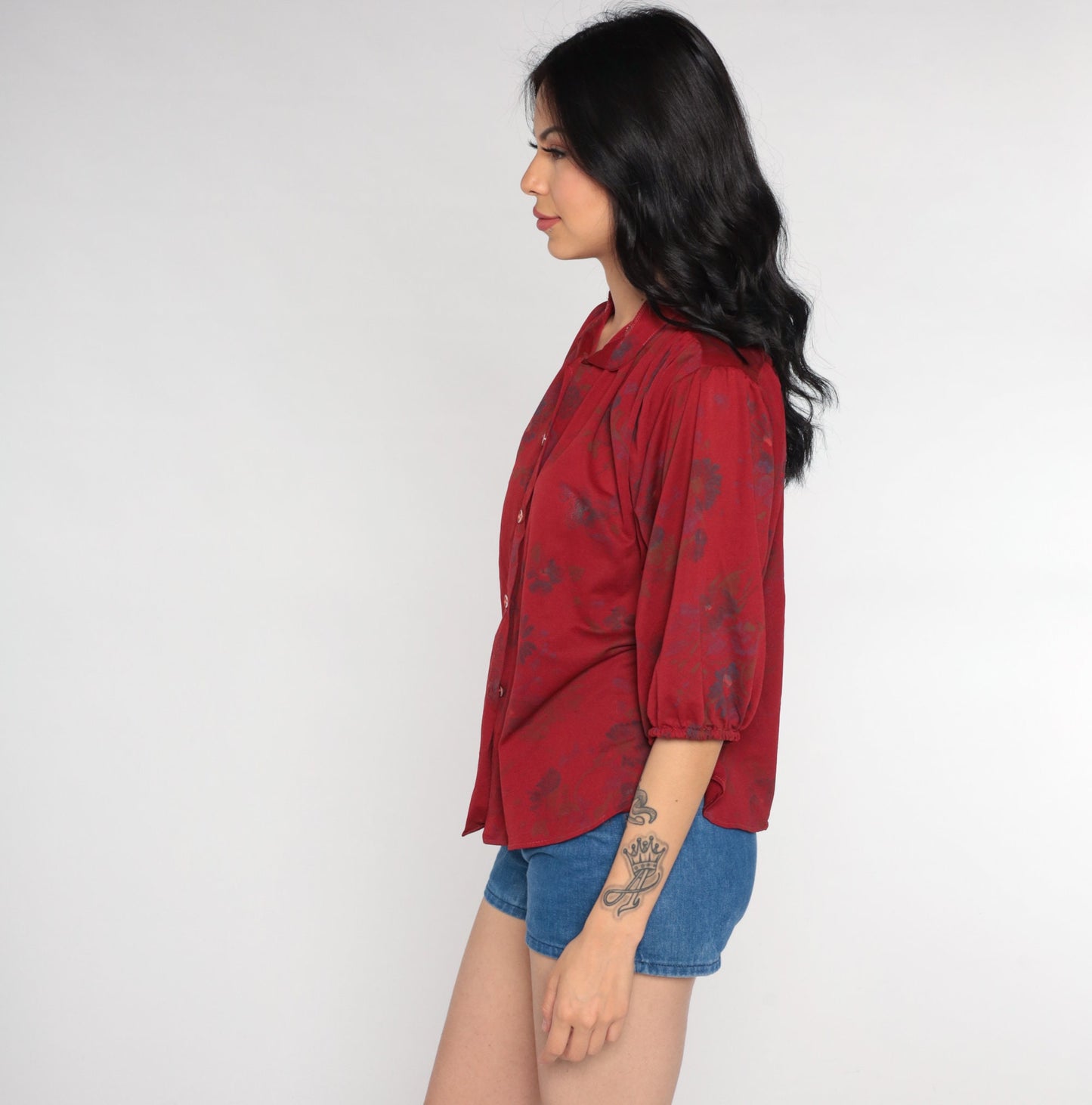 70s Red Floral Puff Sleeve Button-Up Blouse Semi-Sheer Collared Medium Large