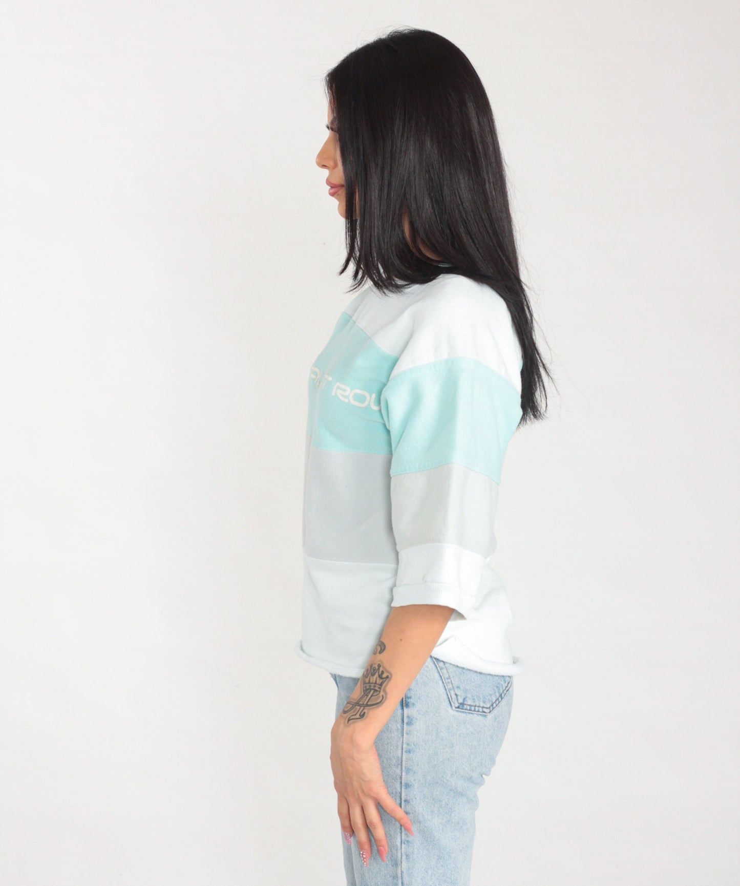 80s Restaurant Row Striped Sweatshirt White Mint Grey Graphic Tee Small