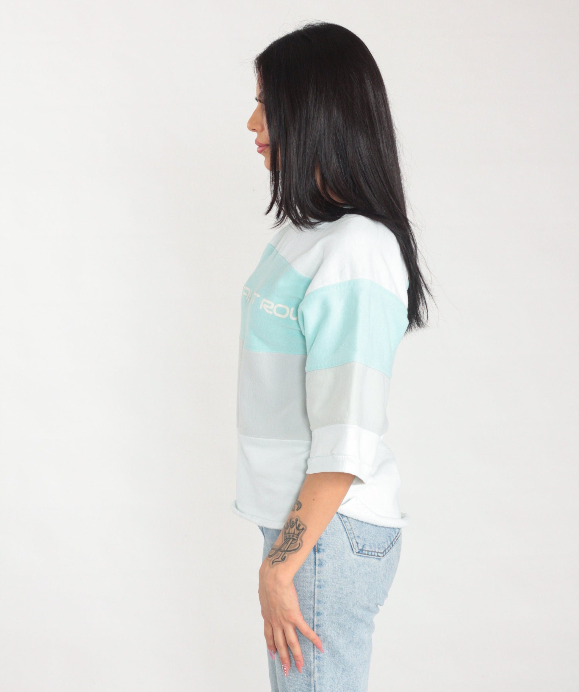 80s Restaurant Row Striped Sweatshirt White Mint Grey Graphic Tee Small