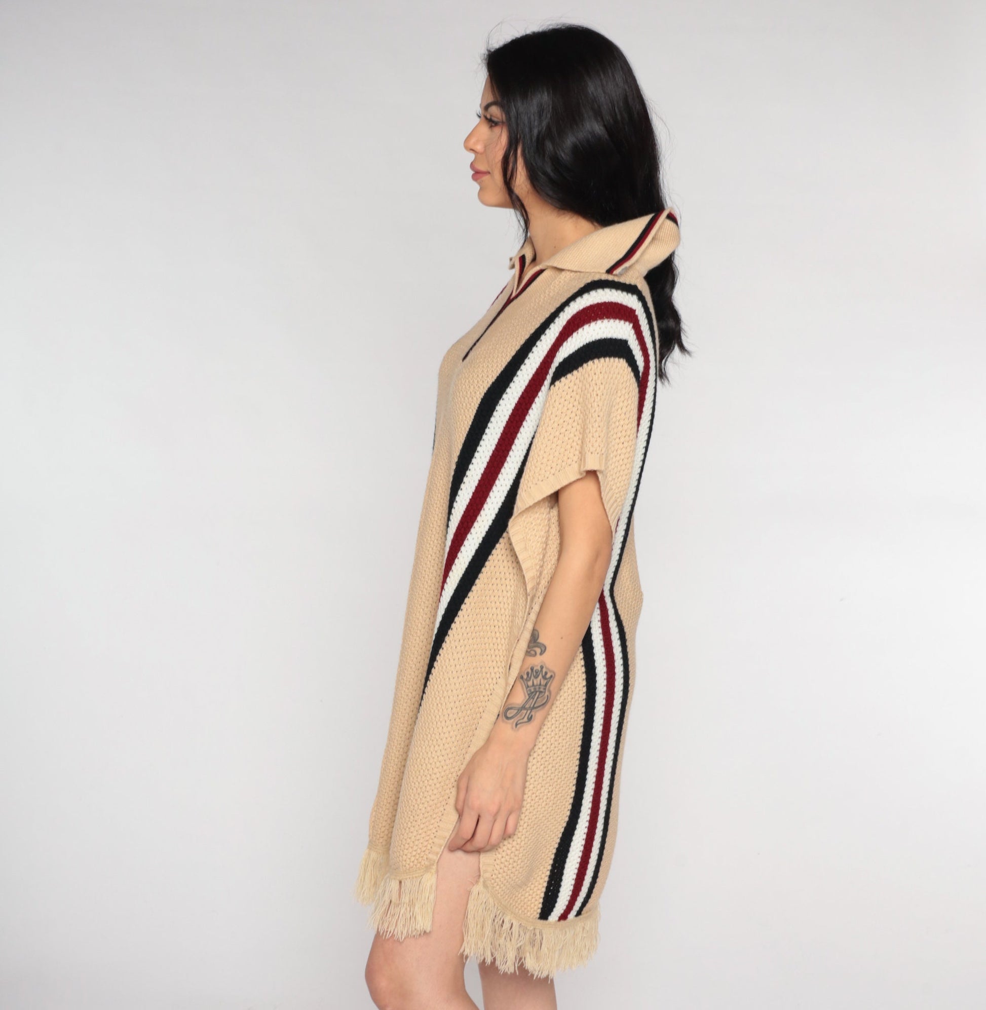70s Tan Striped Knit Poncho Collared Fringe Shawl One Size