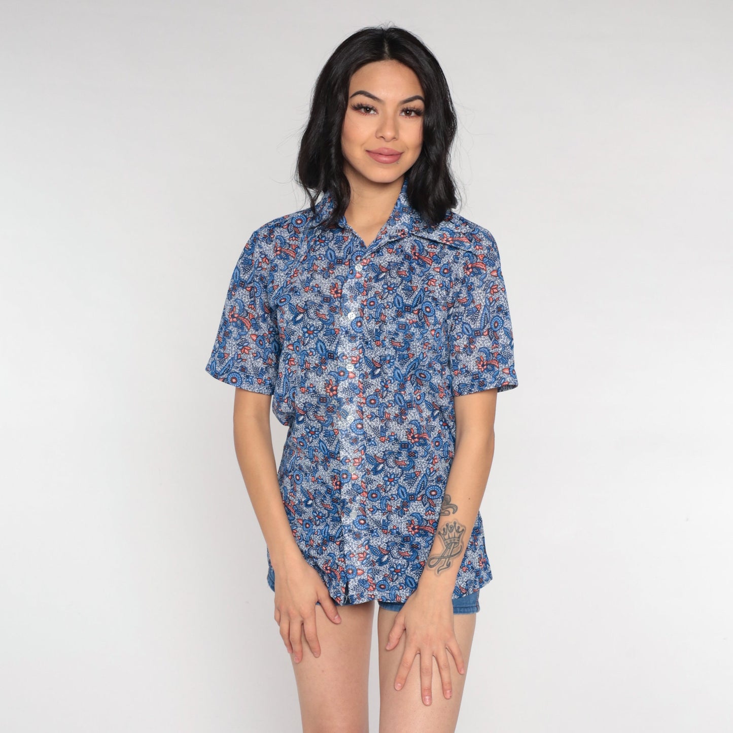 70s Blue Floral Dagger Collar Button-Up Shirt Men's Small