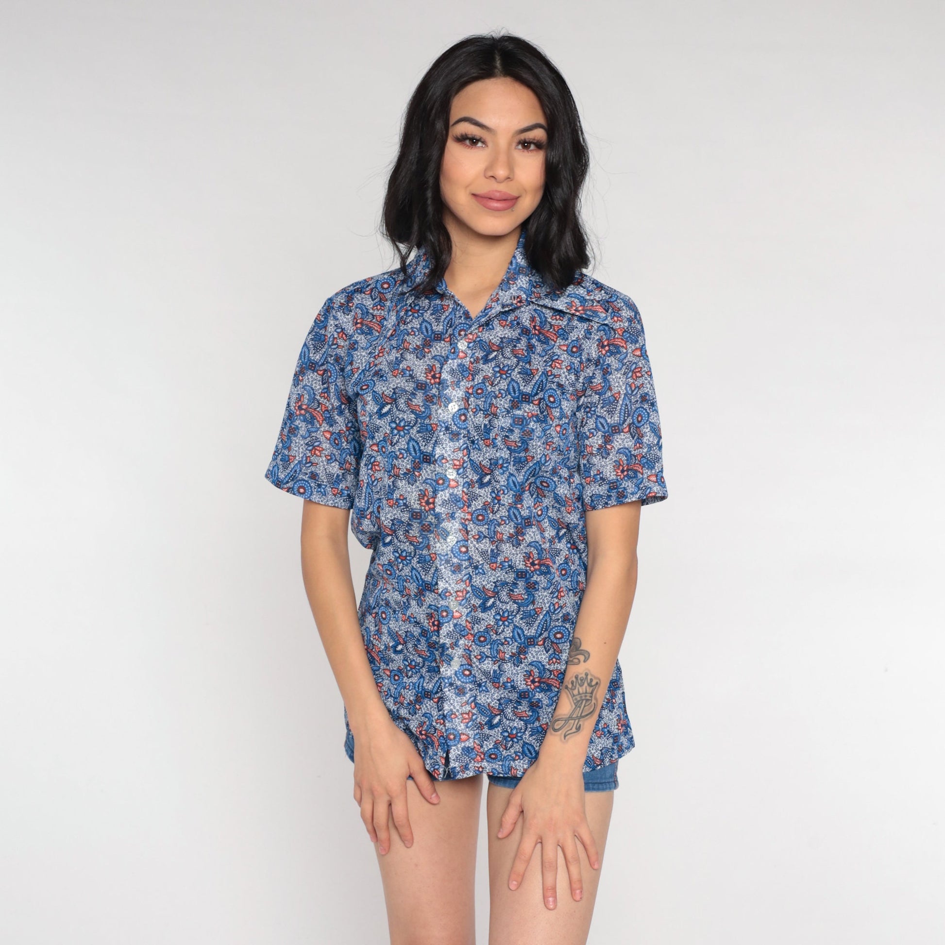 70s Blue Floral Dagger Collar Button-Up Shirt Men's Small