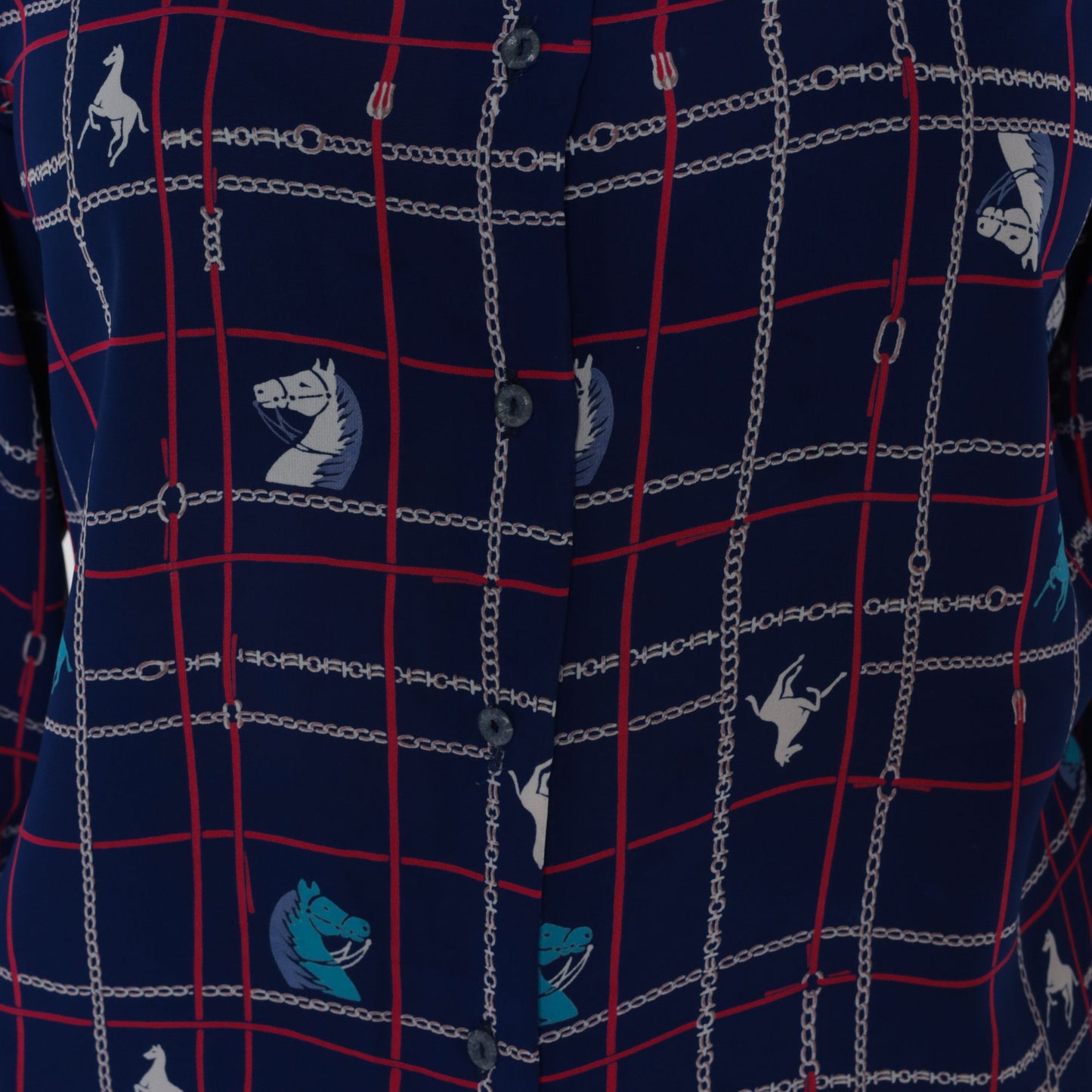 80s Navy Horse Print Button-Up Blouse White Collar Long Sleeve Small