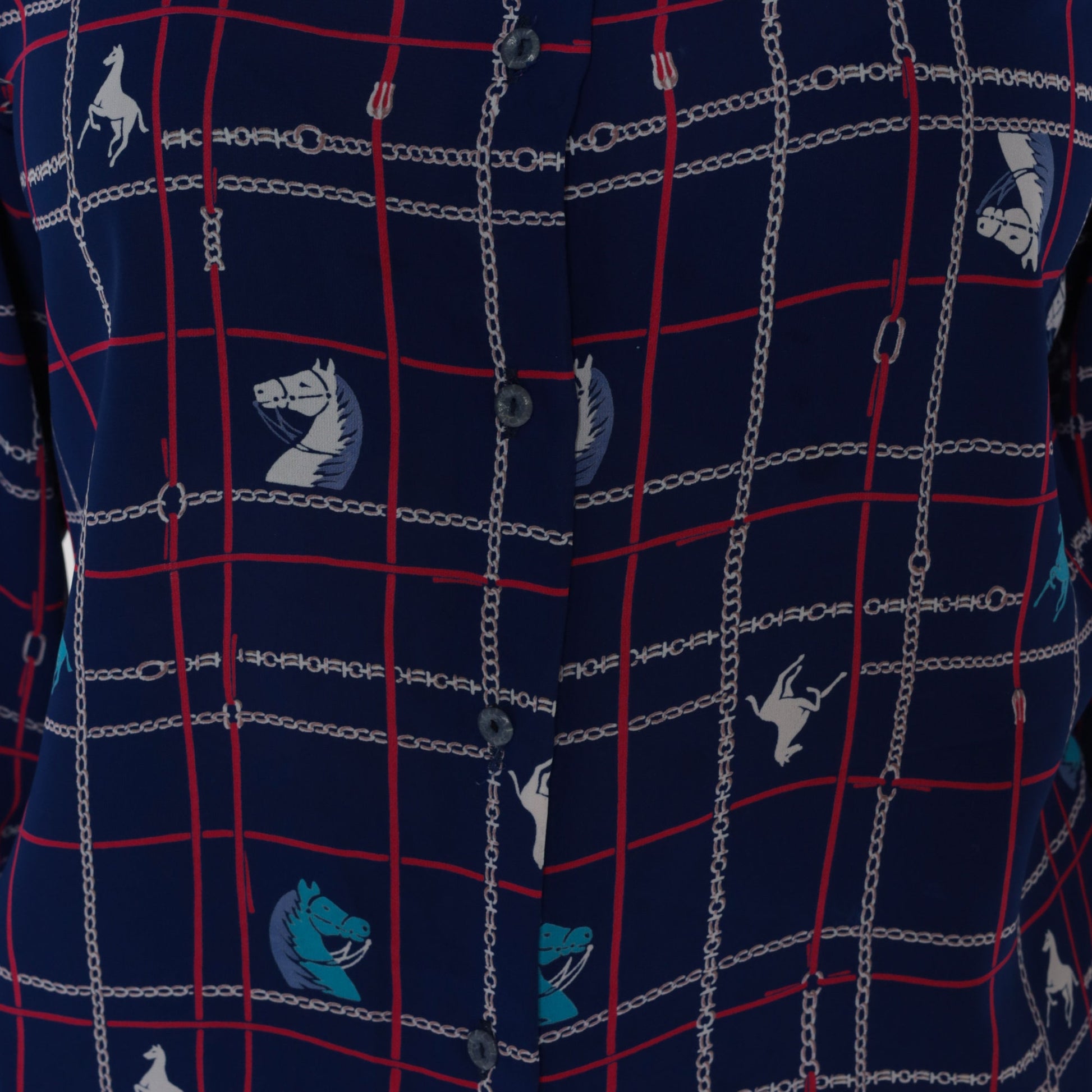 80s Navy Horse Print Button-Up Blouse White Collar Long Sleeve Small