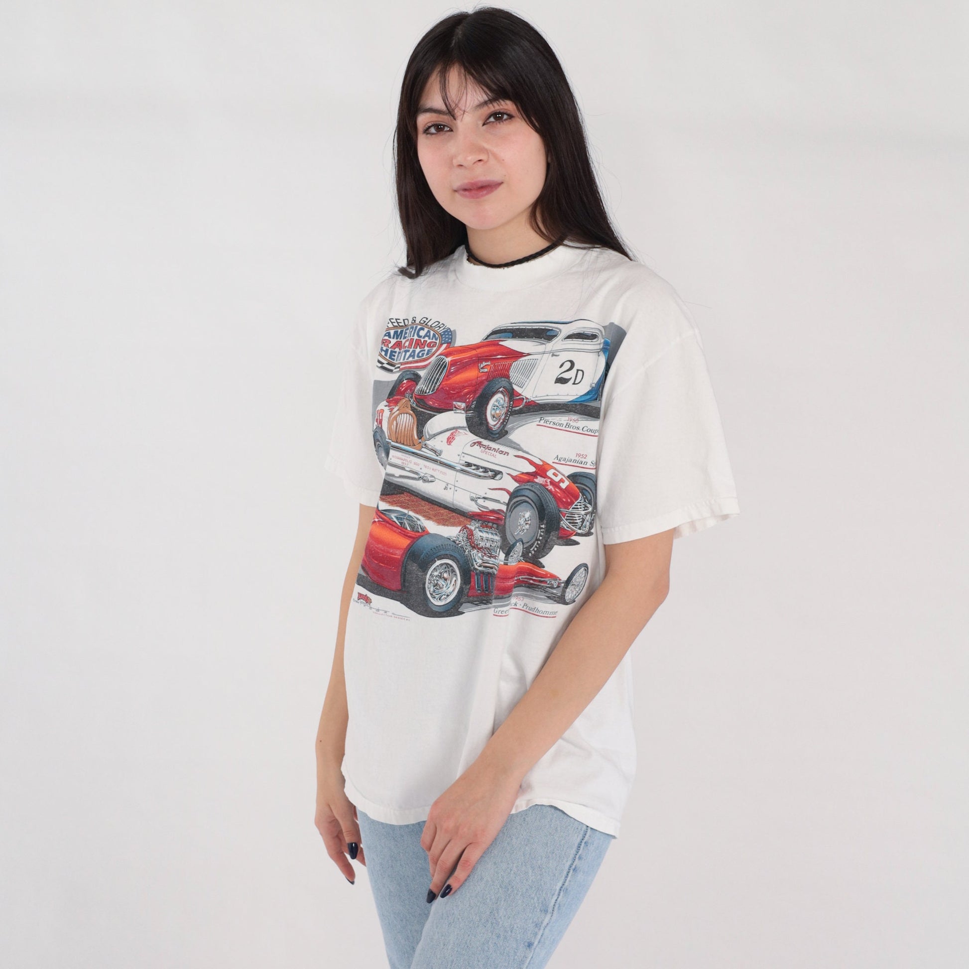 80s American Racing Racecar Graphic T-Shirt White Cotton Tee Medium