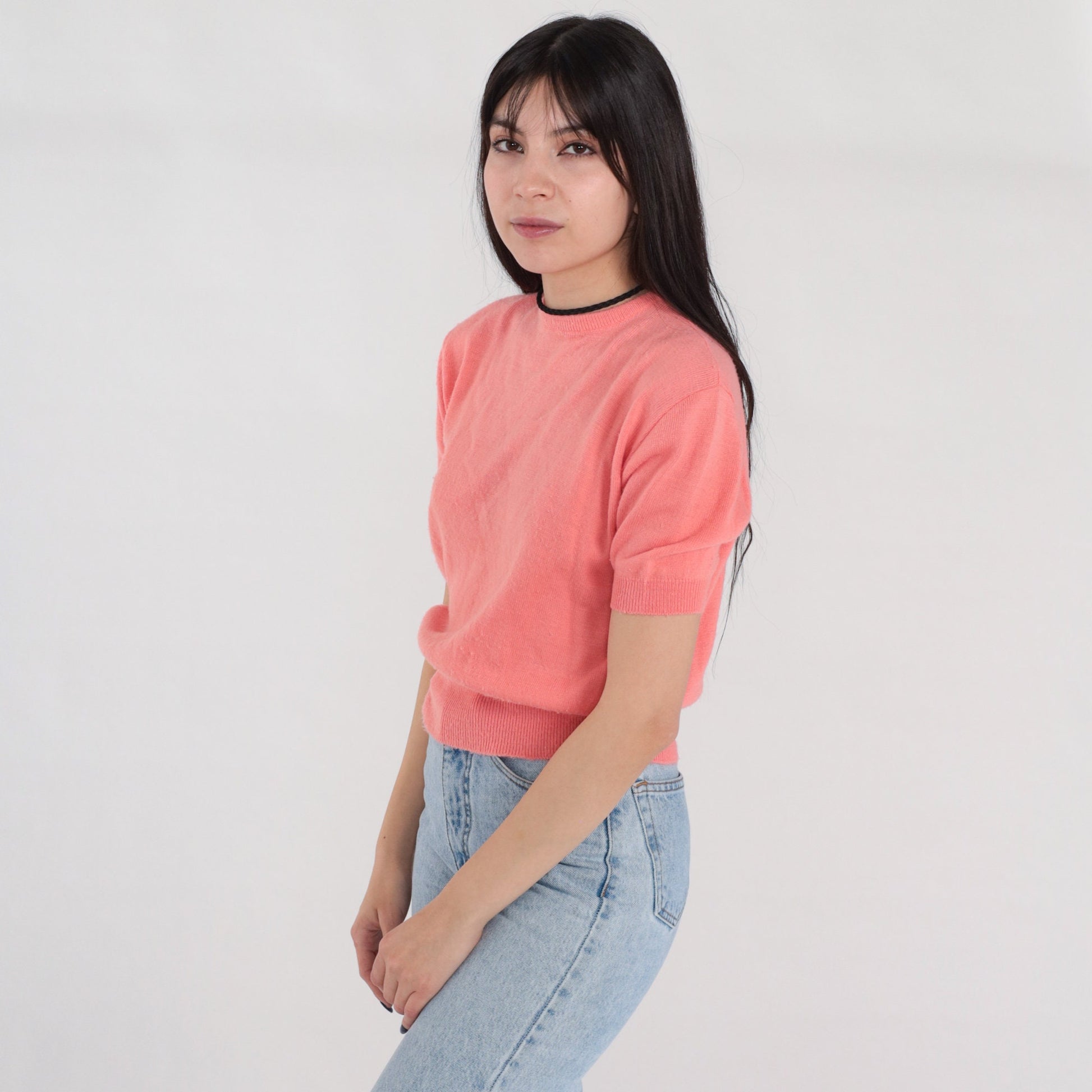 60s Pink Nylon Knit Crop Top Short Sleeve Banded Hem Small