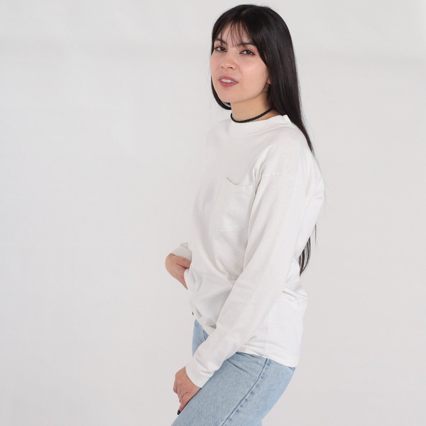 90s Plain White Cotton Long Sleeve Pocket Tee Crewneck Medium M