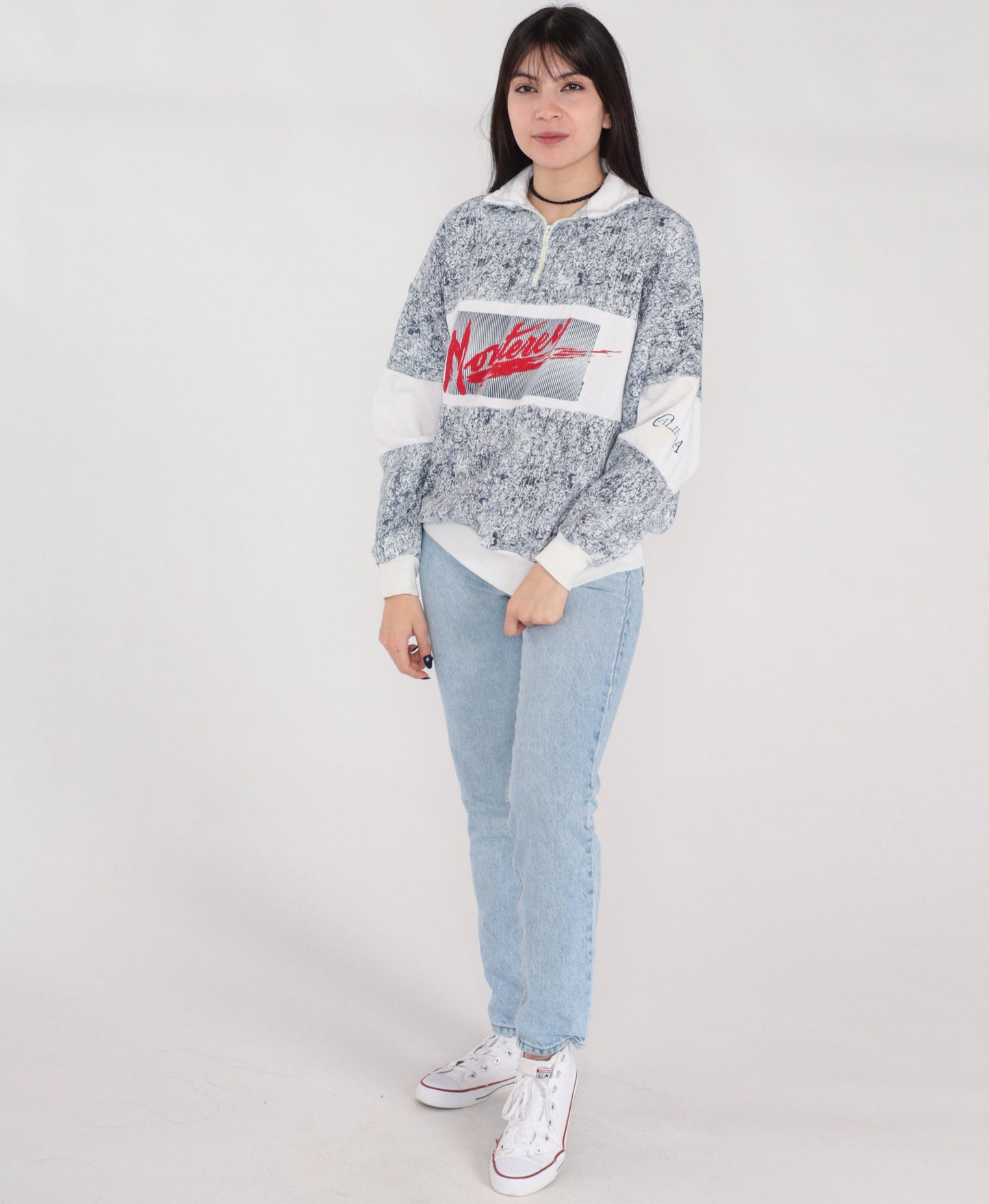80s Monterey California Quarter Zip Sweatshirt Navy Marble Graphic Large L
