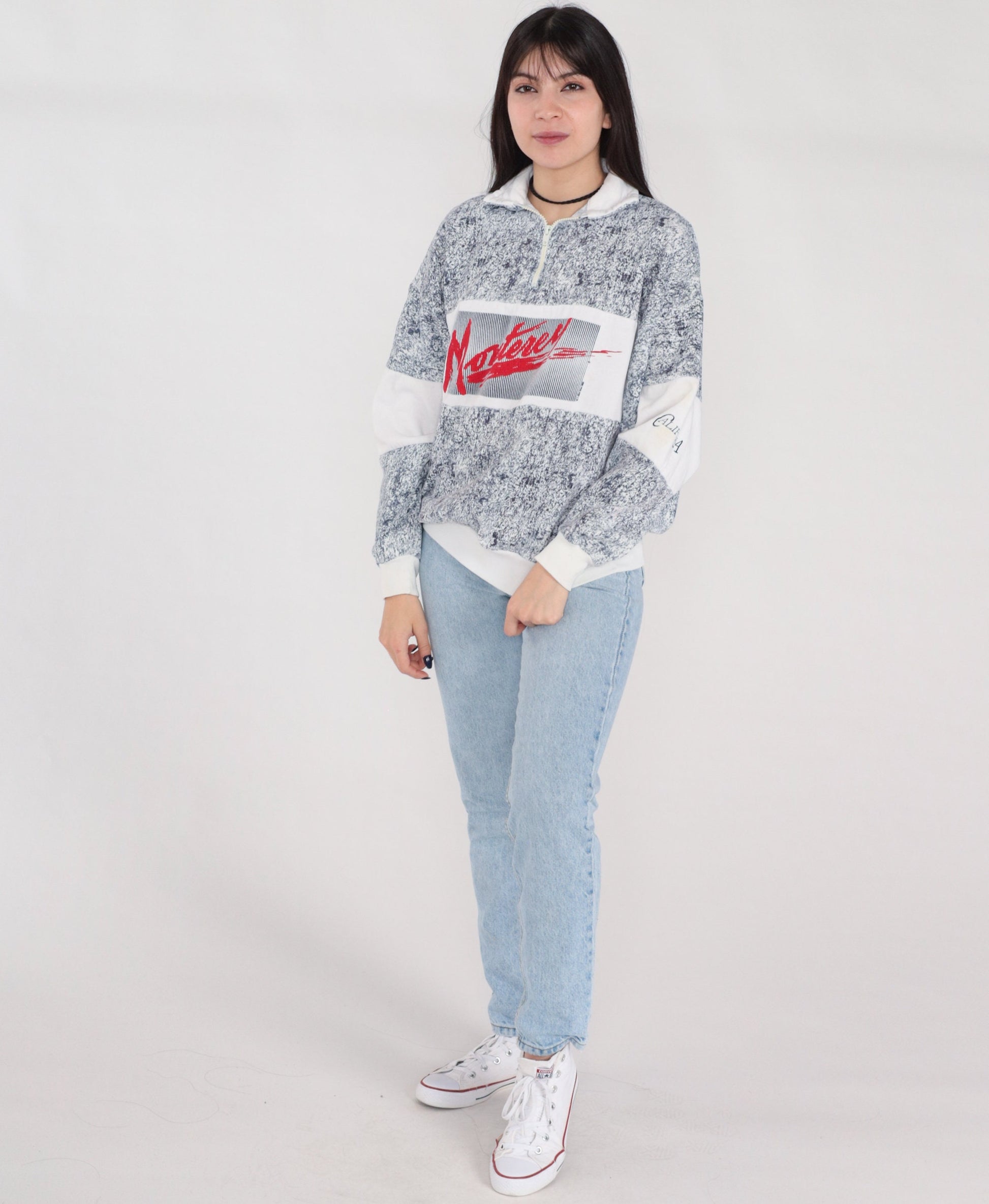 80s Monterey California Quarter Zip Sweatshirt Navy Marble Graphic Large L