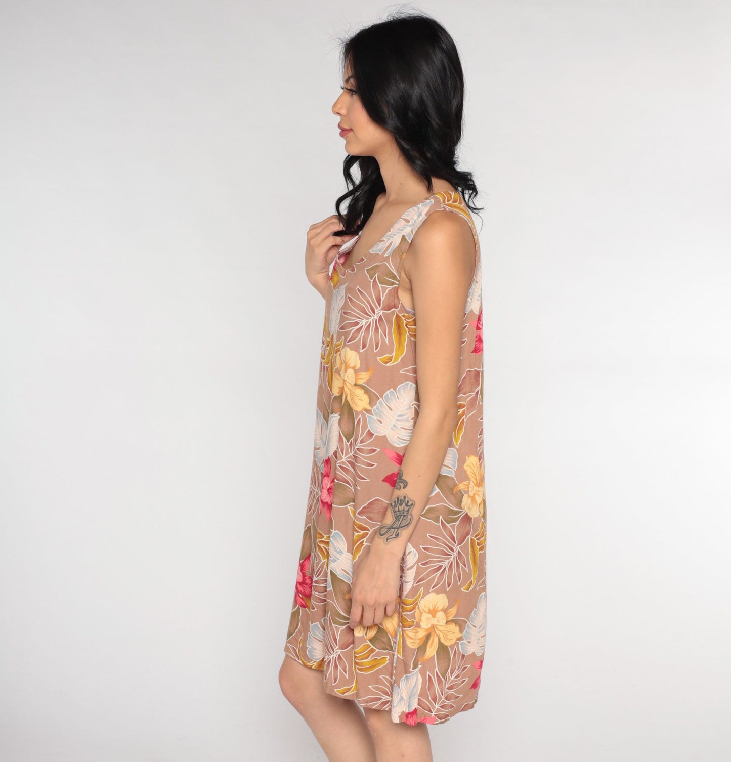 Y2K Tropical Floral Mini Dress Taupe Pink Rayon Sleeveless Medium