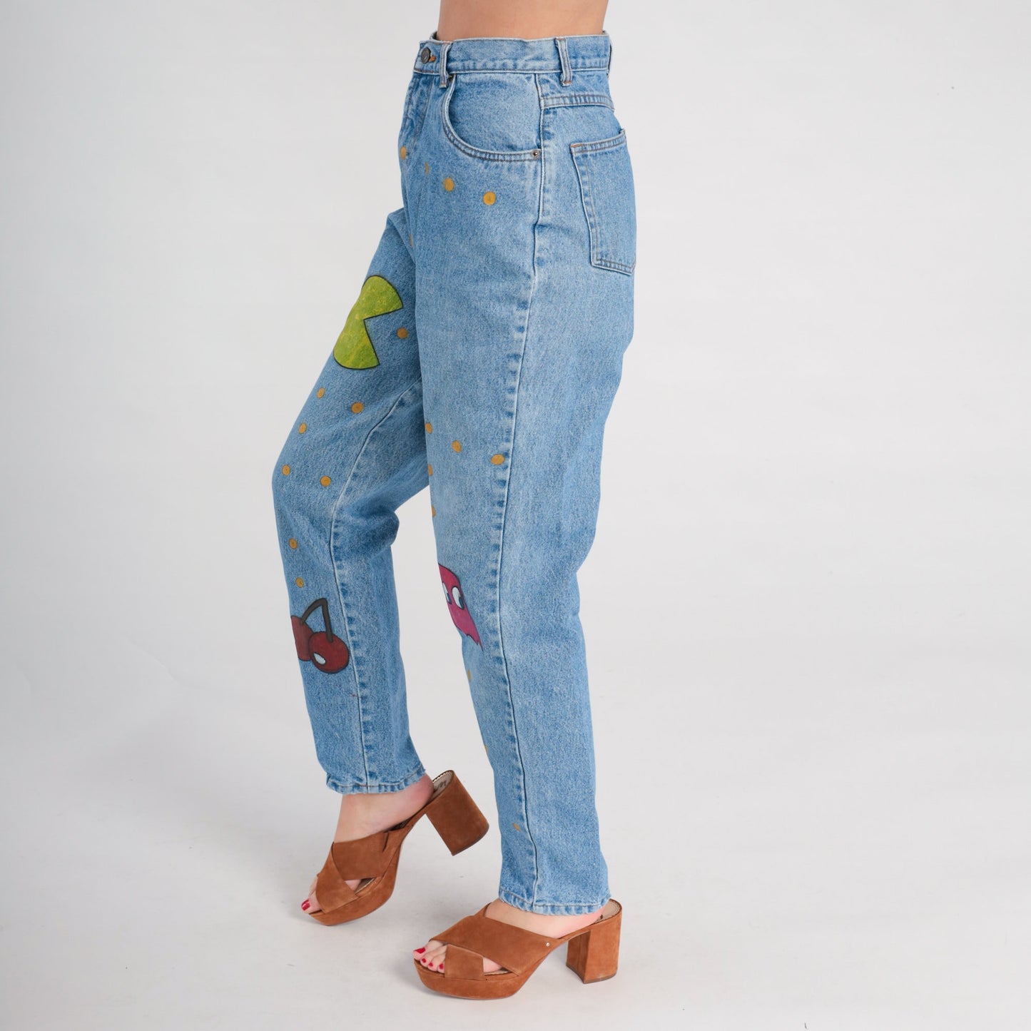 90s Pac-Man Hand Painted High Waist Tapered Jeans Blue Denim Small