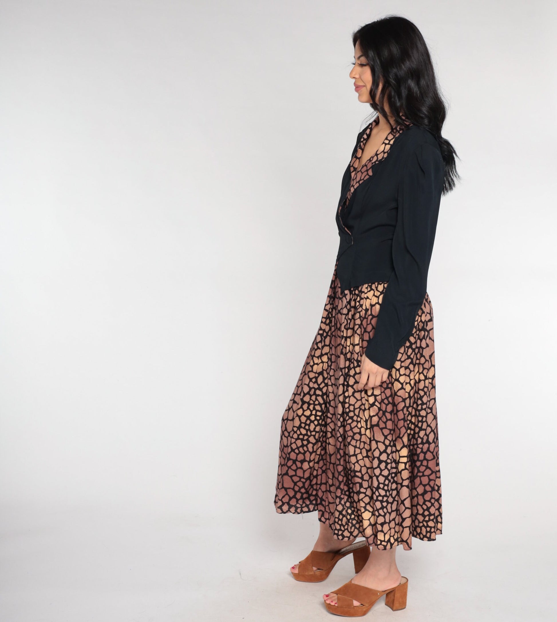 90s Visionz Midi Dress with Attached Blazer Black Brown Scale Print Puff Sleeve Small