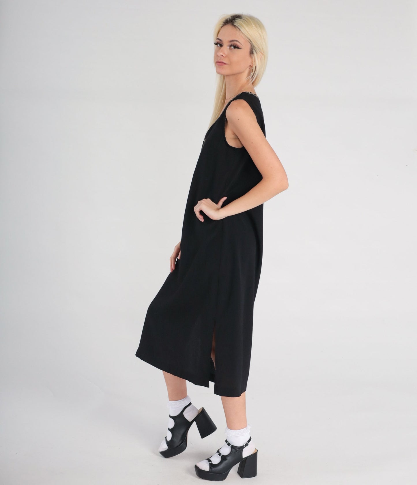 Y2K Black Frog Print Sleeveless Shift Dress Side Slit Medium 8